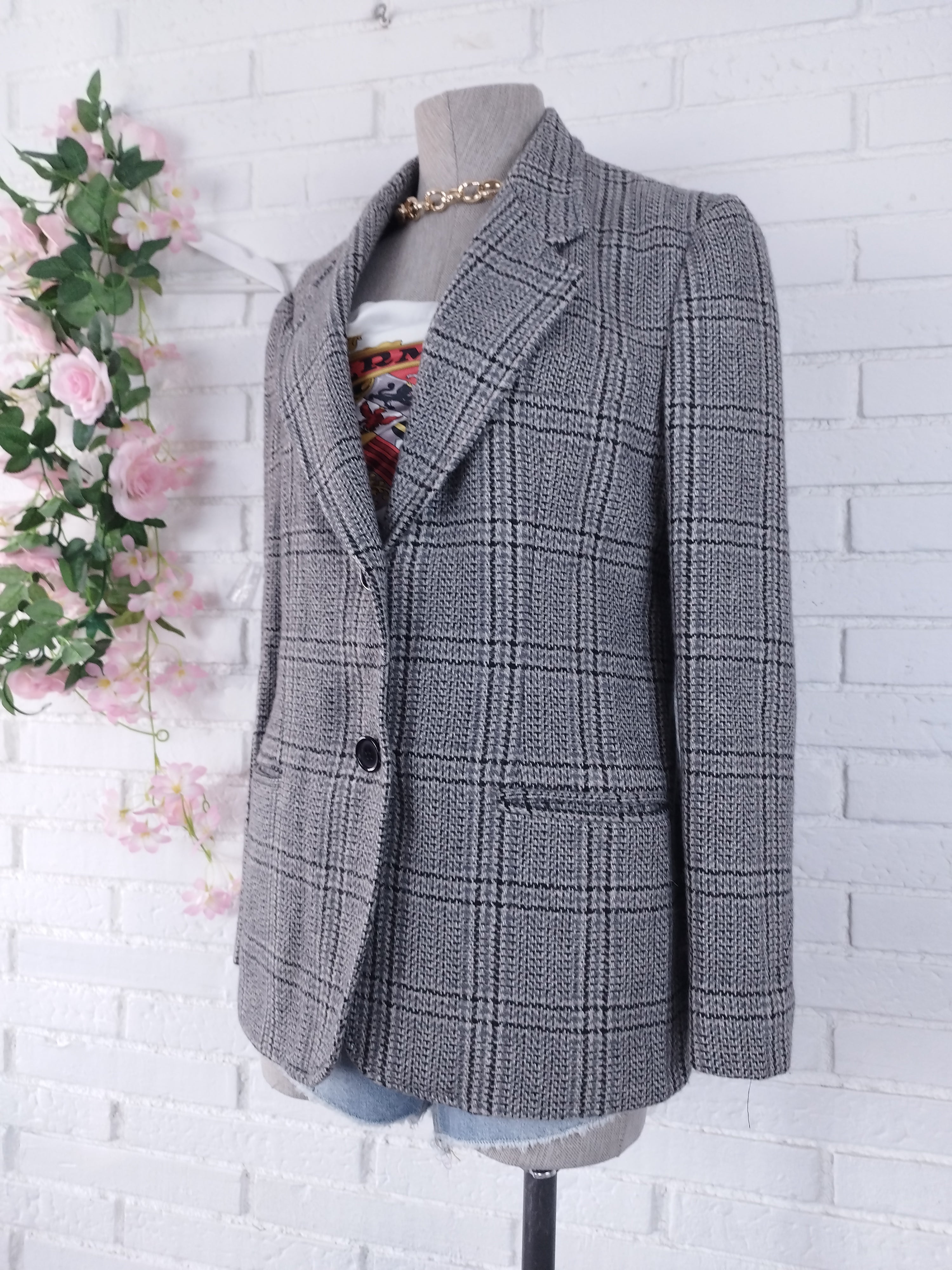Vintage 90s Wool Blend Blazer — Classic Winter Cut &  Grey Check Pattern