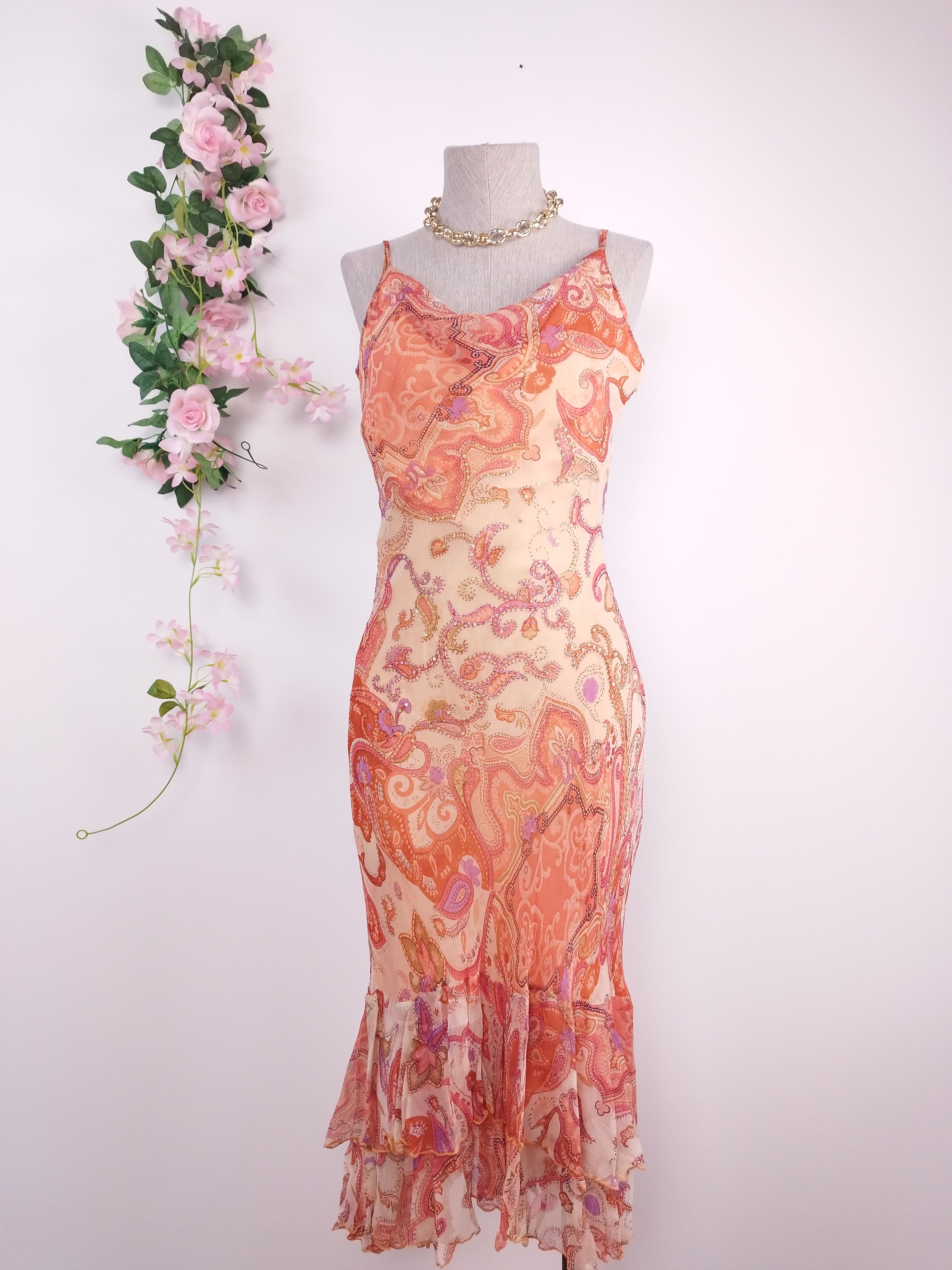 Vintage 2000s Y2K Chiffon Dress — Semi-Draped Neck, Boho Print & Asymmetric Ruffles