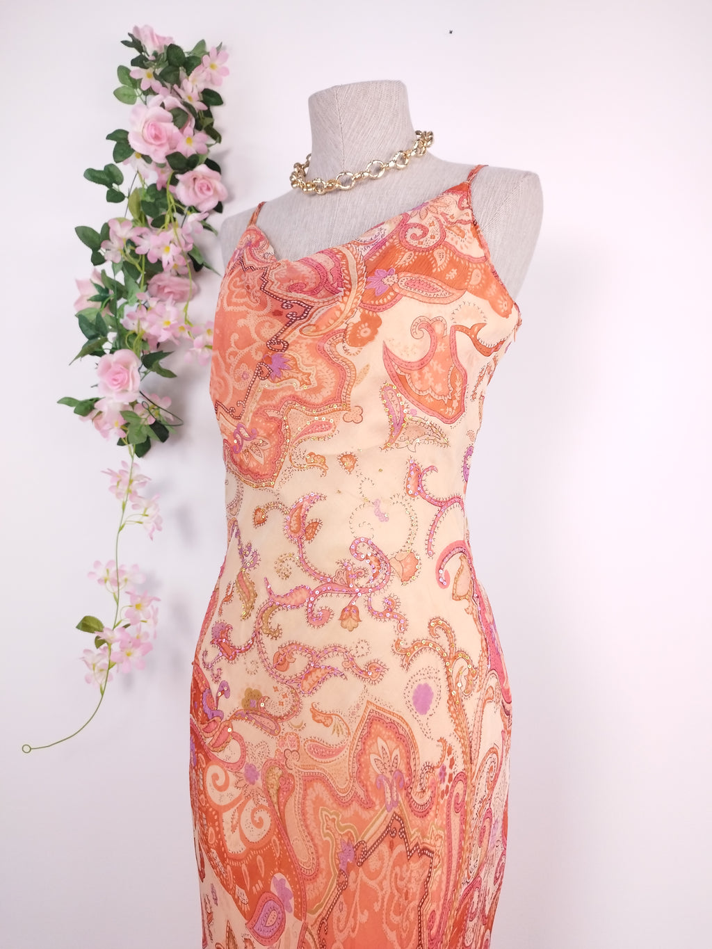 Vintage 2000s Y2K Chiffon Dress — Semi-Draped Neck, Boho Print & Asymmetric Ruffles