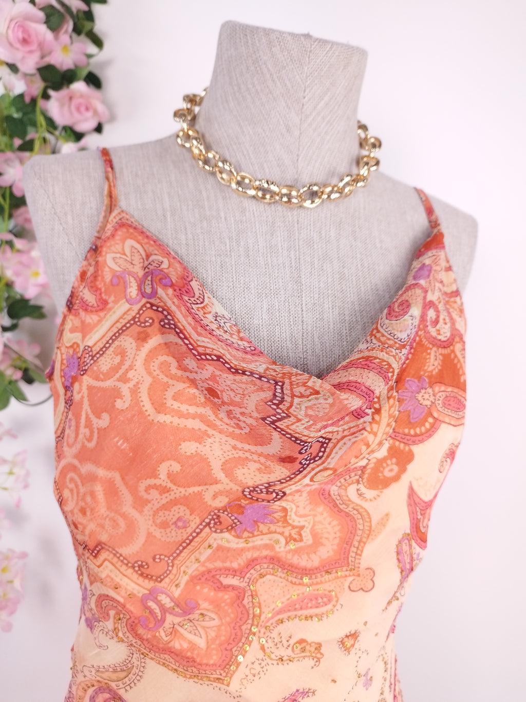 Vintage 2000s Y2K Chiffon Dress — Semi-Draped Neck, Boho Print & Asymmetric Ruffles