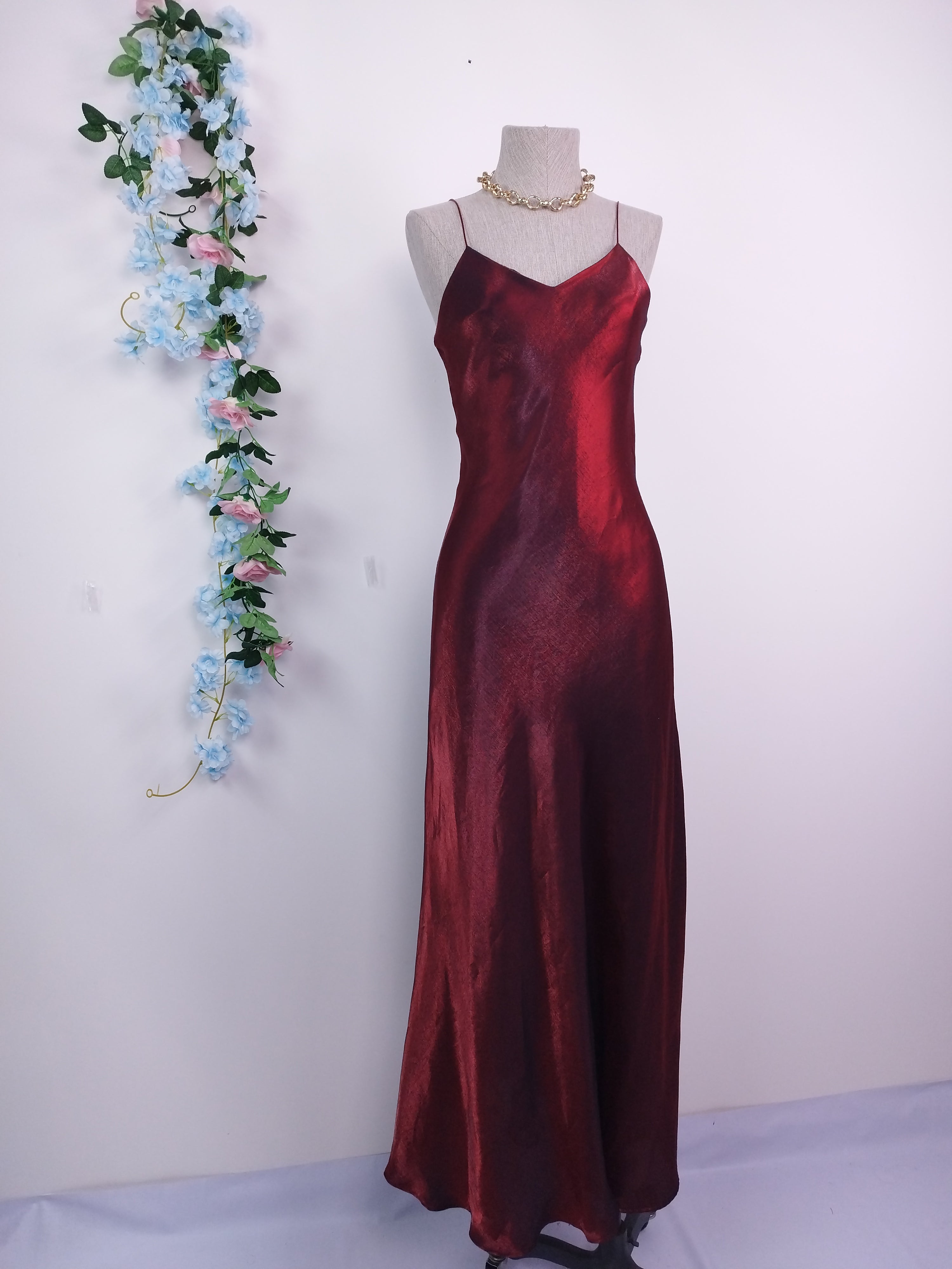 Vintage 90s Maxi Dress — Slip Style, Iridescent Burgundy Satin