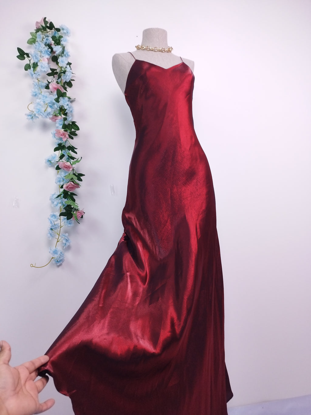 Vintage 90s Maxi Dress — Slip Style, Iridescent Burgundy Satin