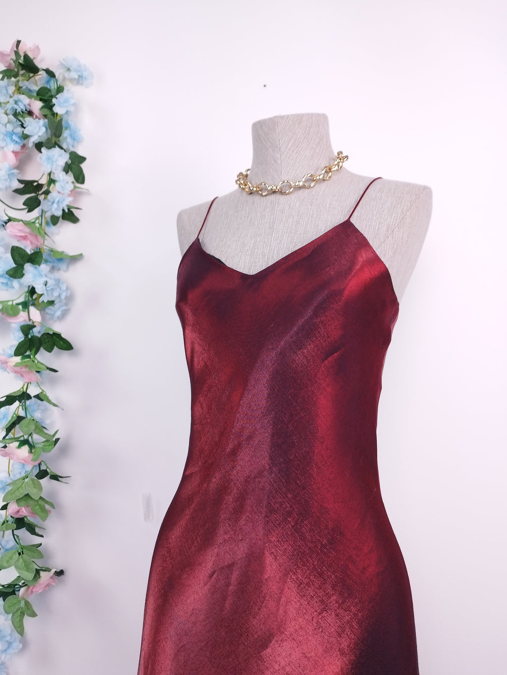 Vintage 90s Maxi Dress — Slip Style, Iridescent Burgundy Satin