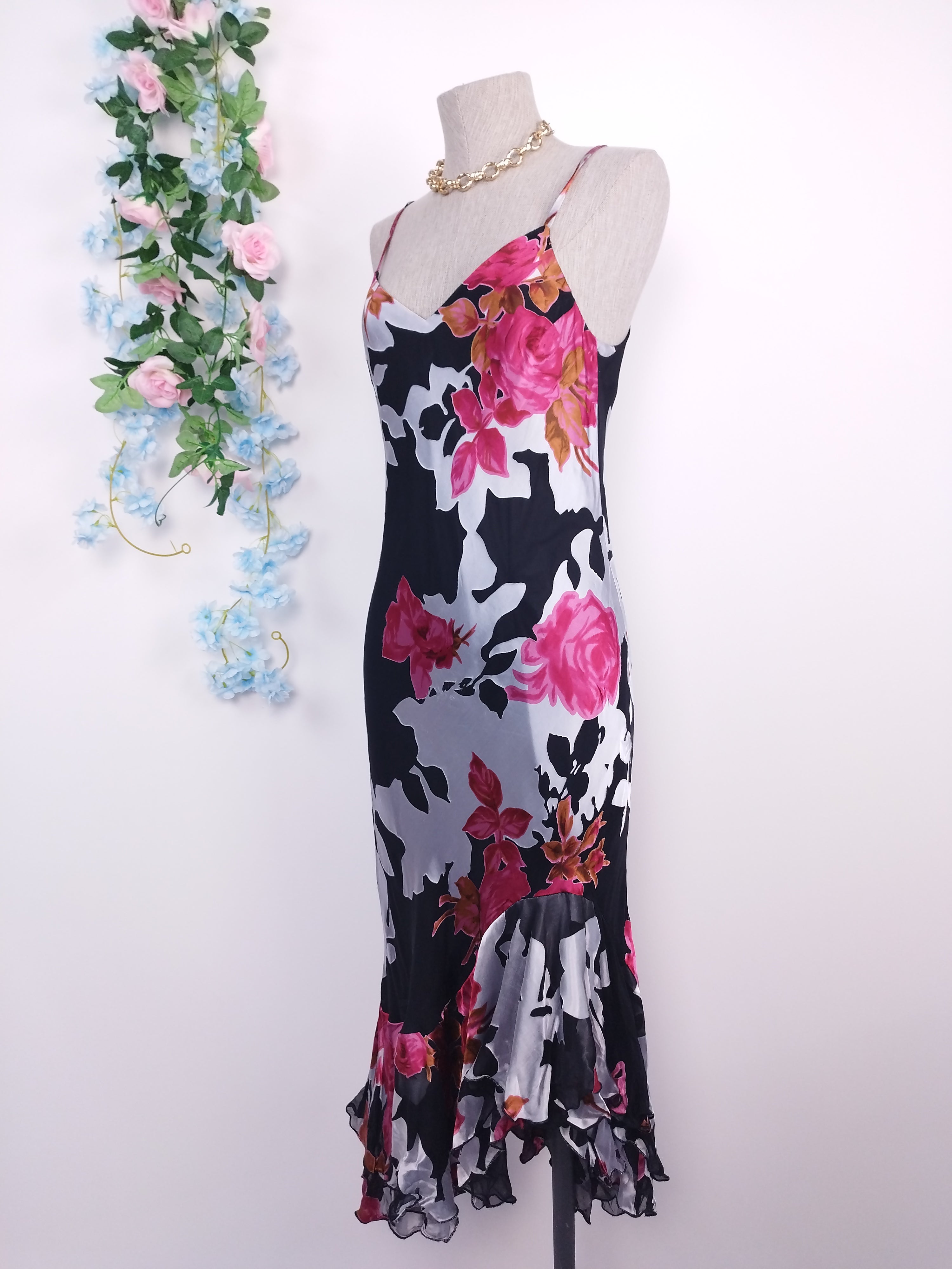 Vintage 90s Slip Dress — Floral Chiffon, Satin Appliqué & Asymmetric Ruffles