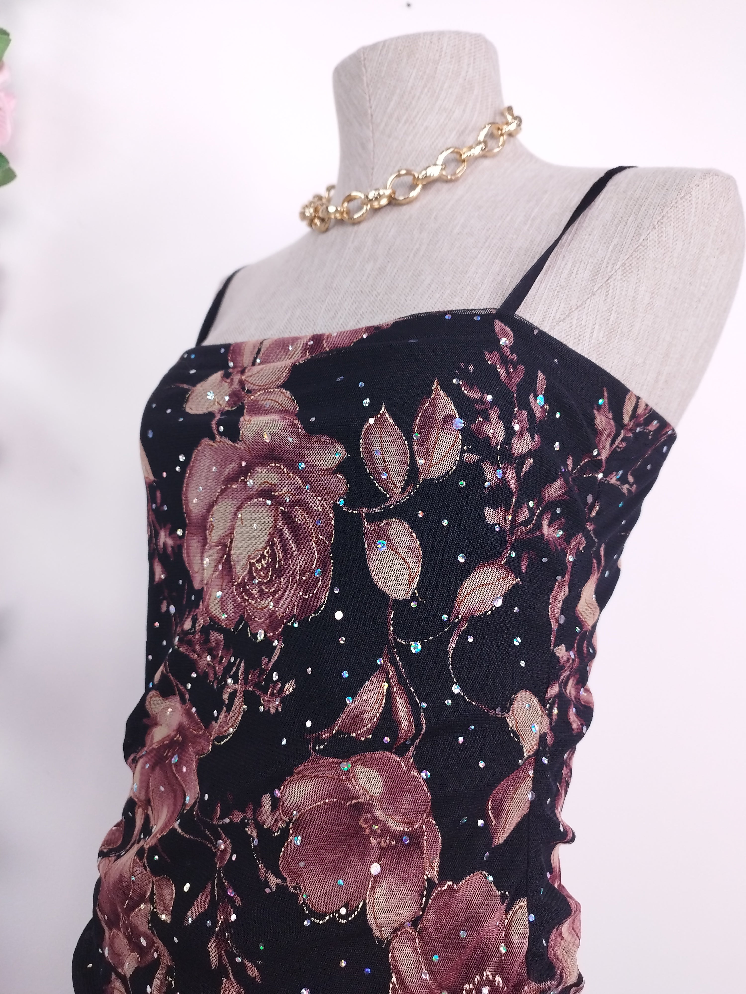 Vintage 2000s Y2K Tulle Dress — Strapless or Strappy, Floral & Iridescent Glitter