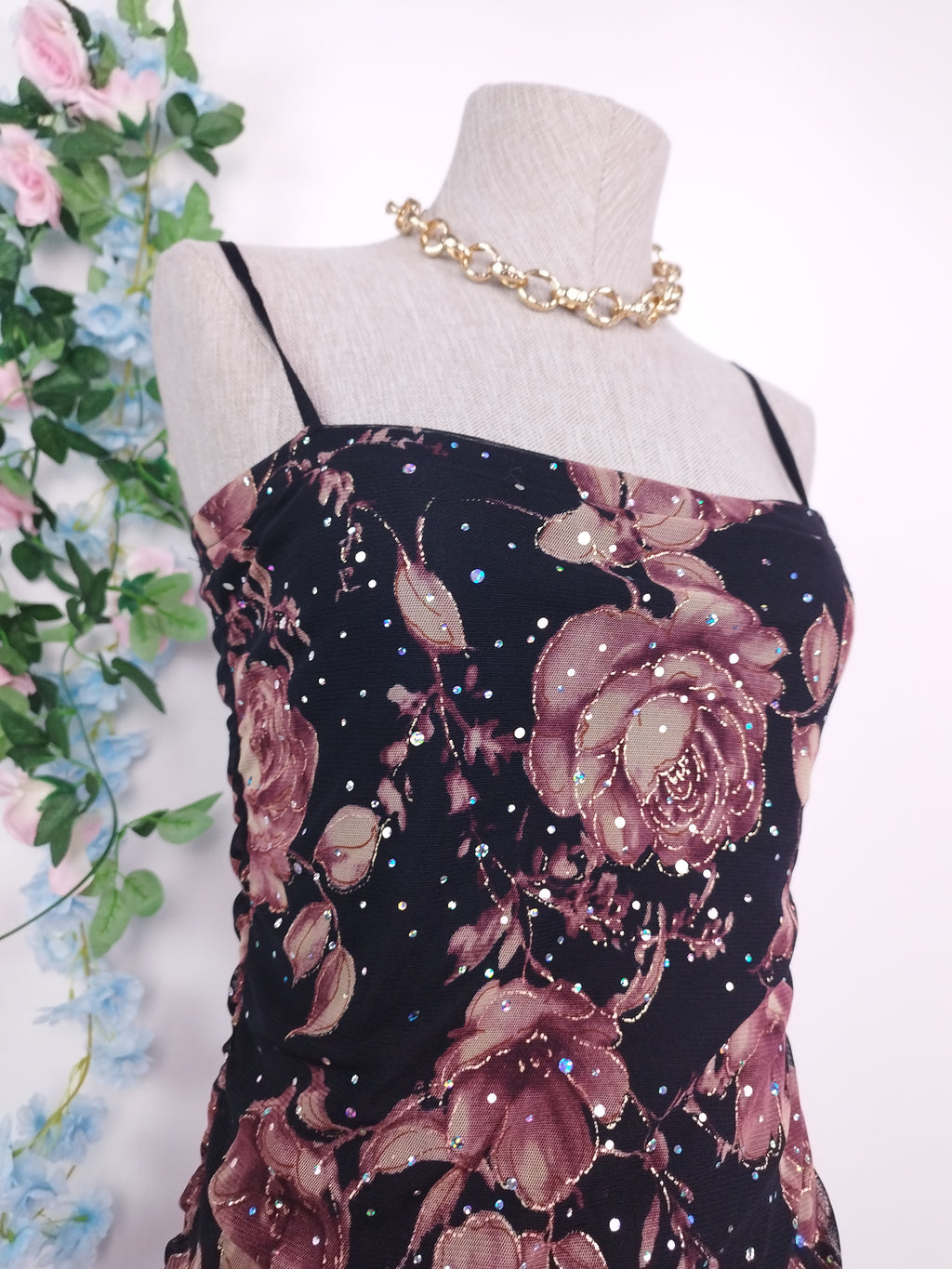 Vintage 2000s Y2K Tulle Dress — Strapless or Strappy, Floral & Iridescent Glitter