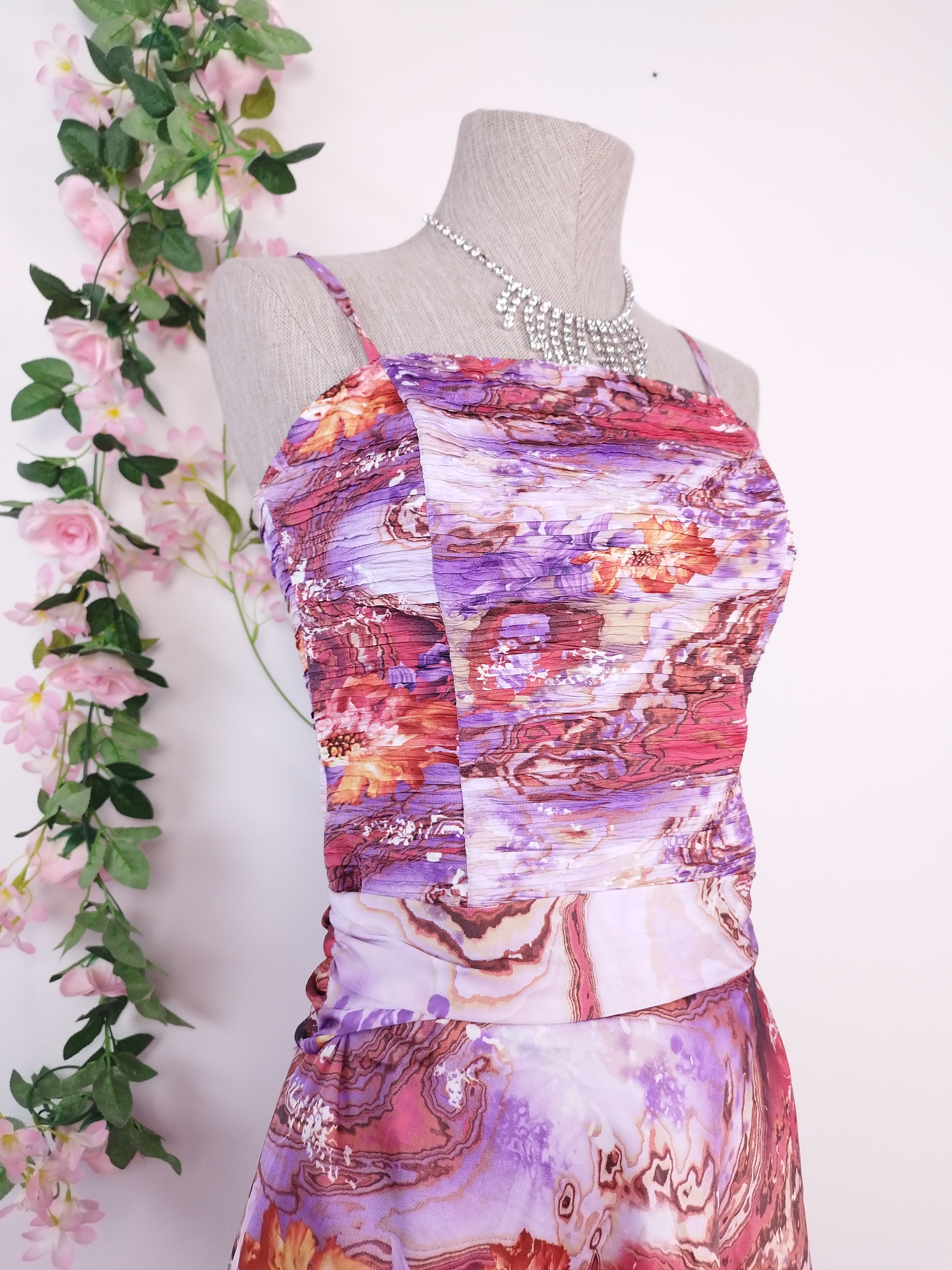 Floral satin Y2K maxi dress — Vintage 2000s structured bustier gala