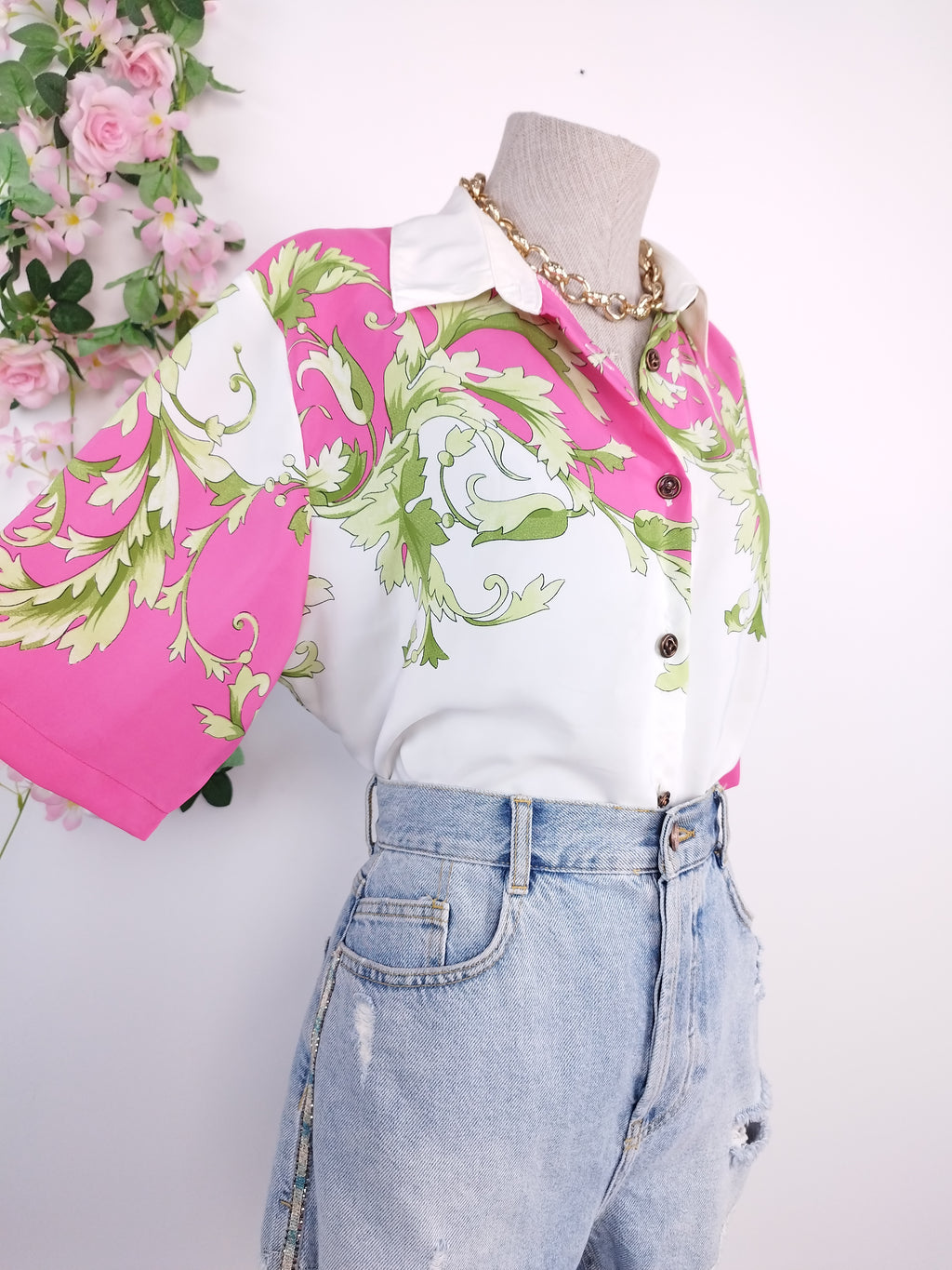 90s fuchsia baroque blouse — Green vines, satin-finish, boxy fit