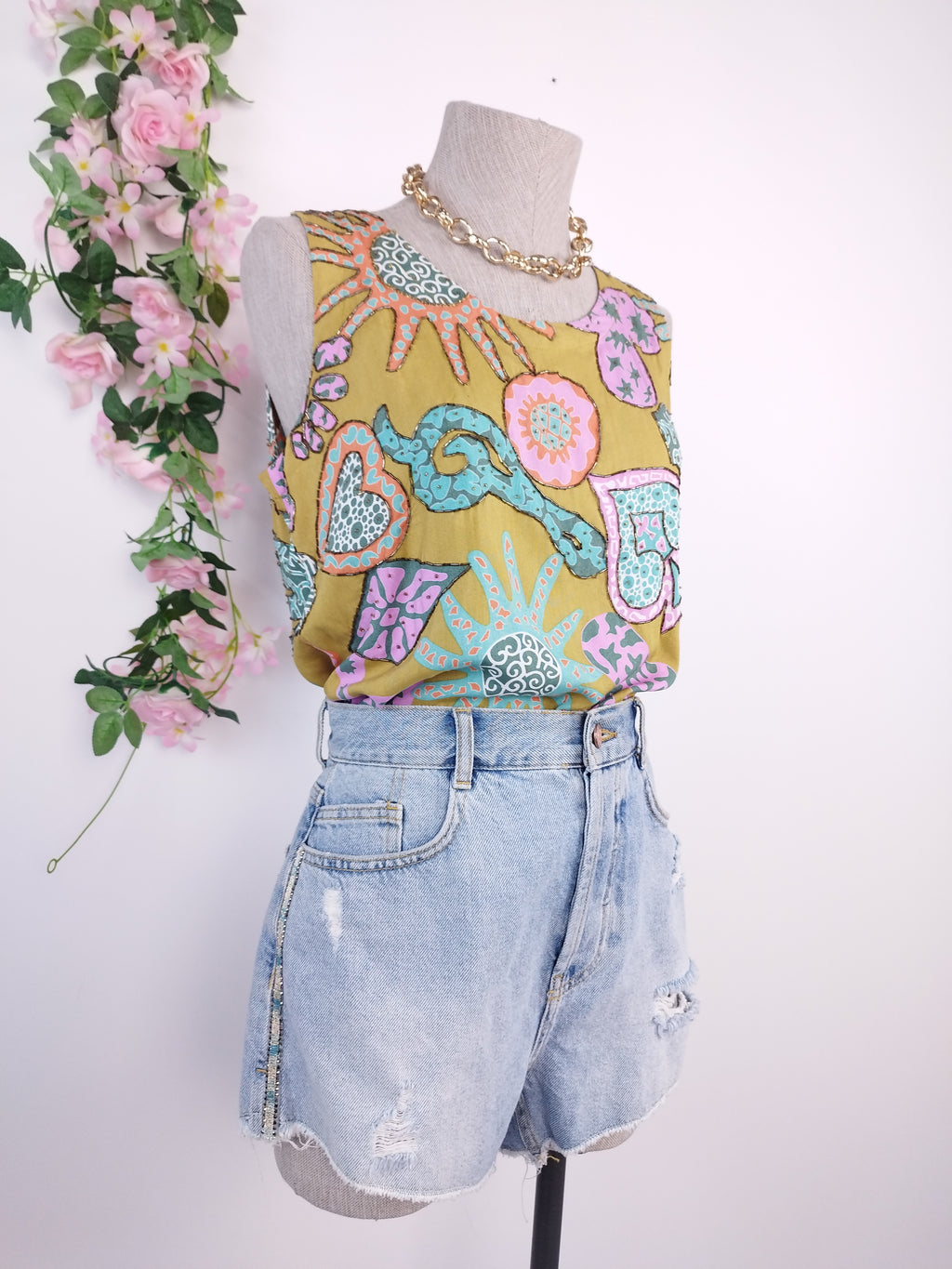 Mustard Y2K beaded top — Graphic floral patchwork & crystals