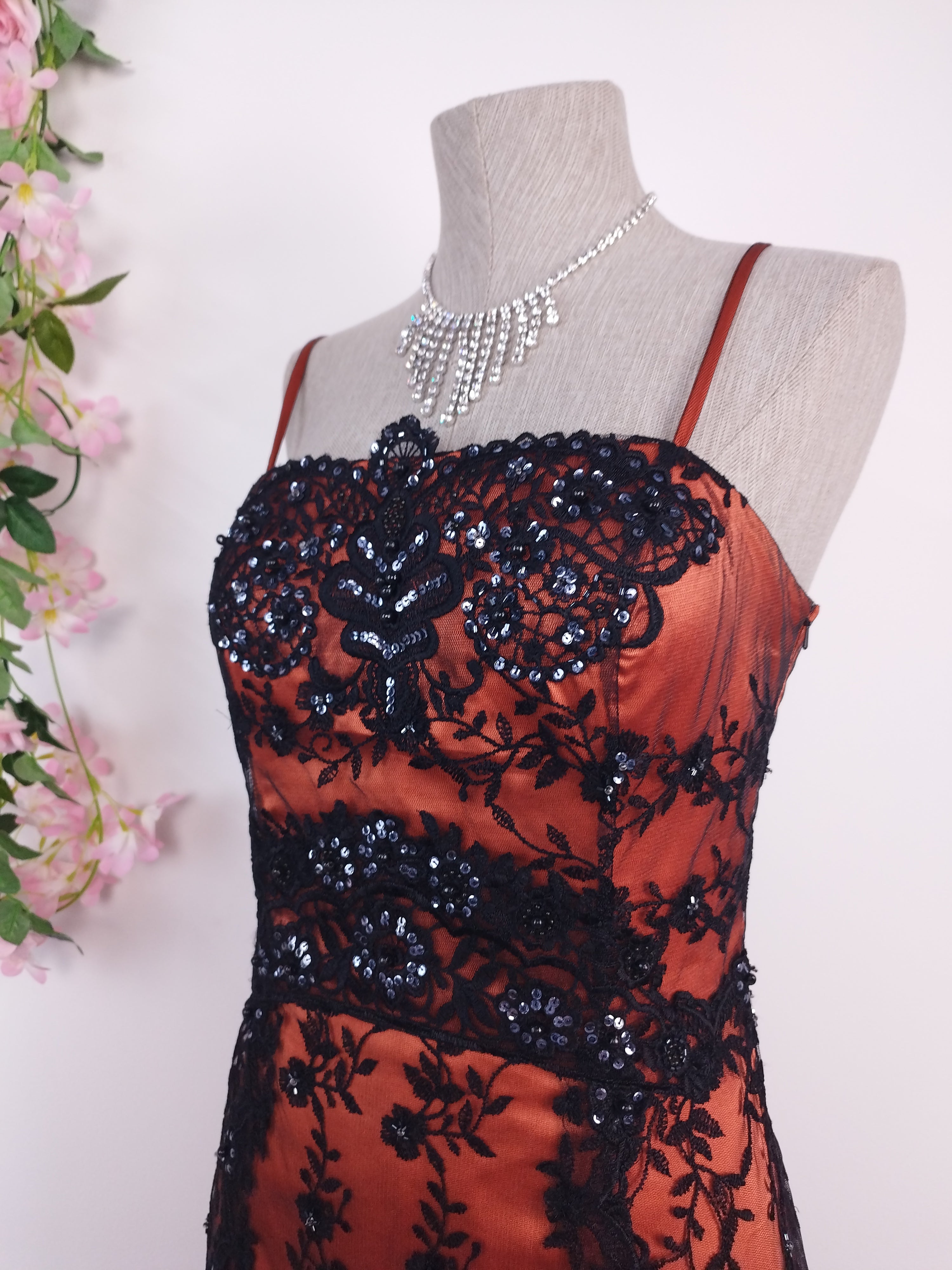 Rust Y2K mermaid gown — Black lace & crystal sequin floral