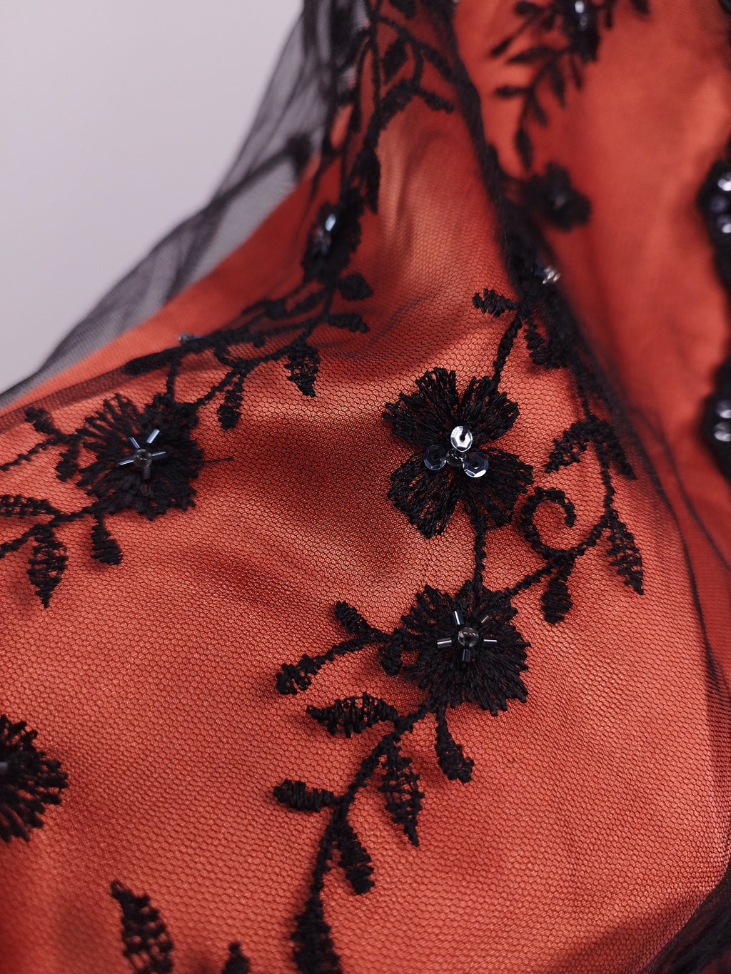 Rust Y2K mermaid gown — Black lace & crystal sequin floral