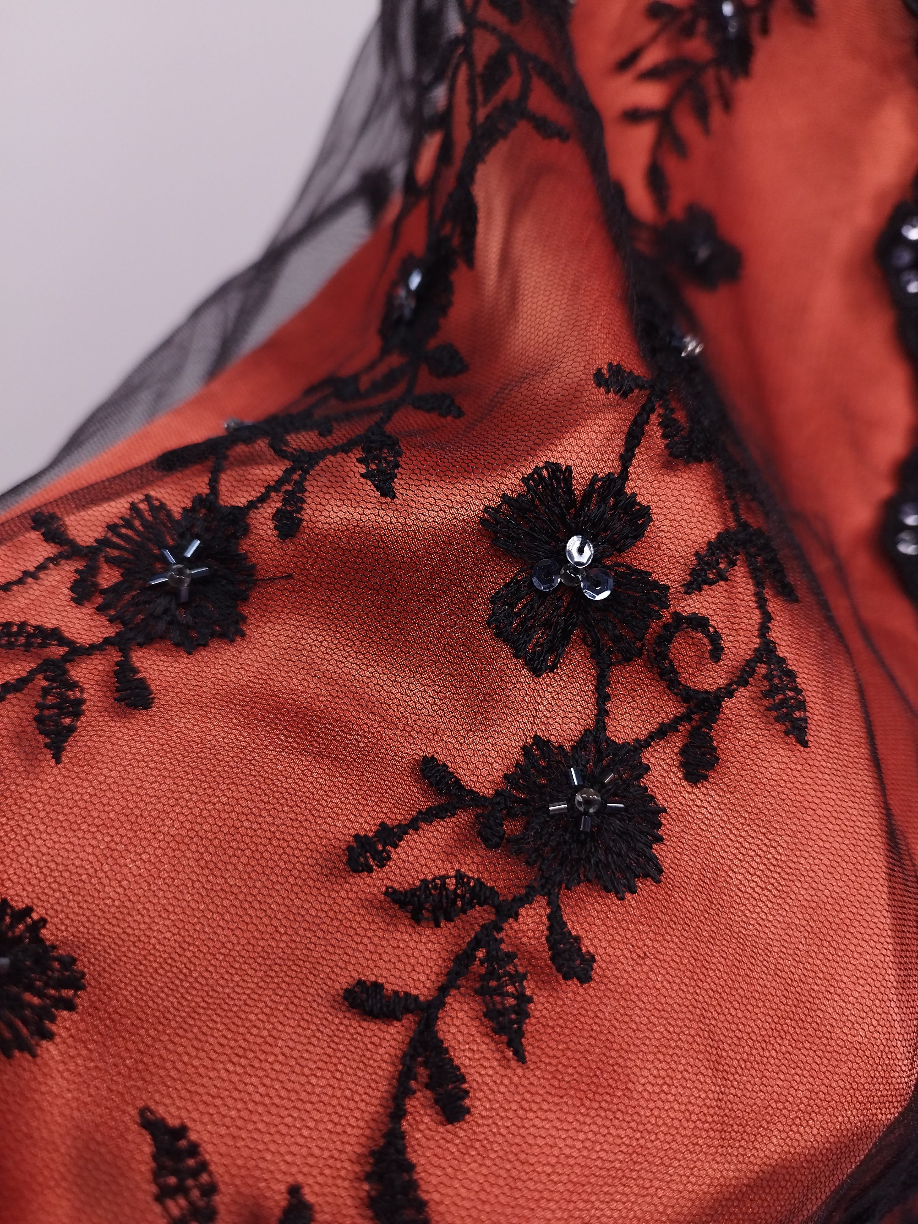 Rust Y2K mermaid gown — Black lace & crystal sequin floral
