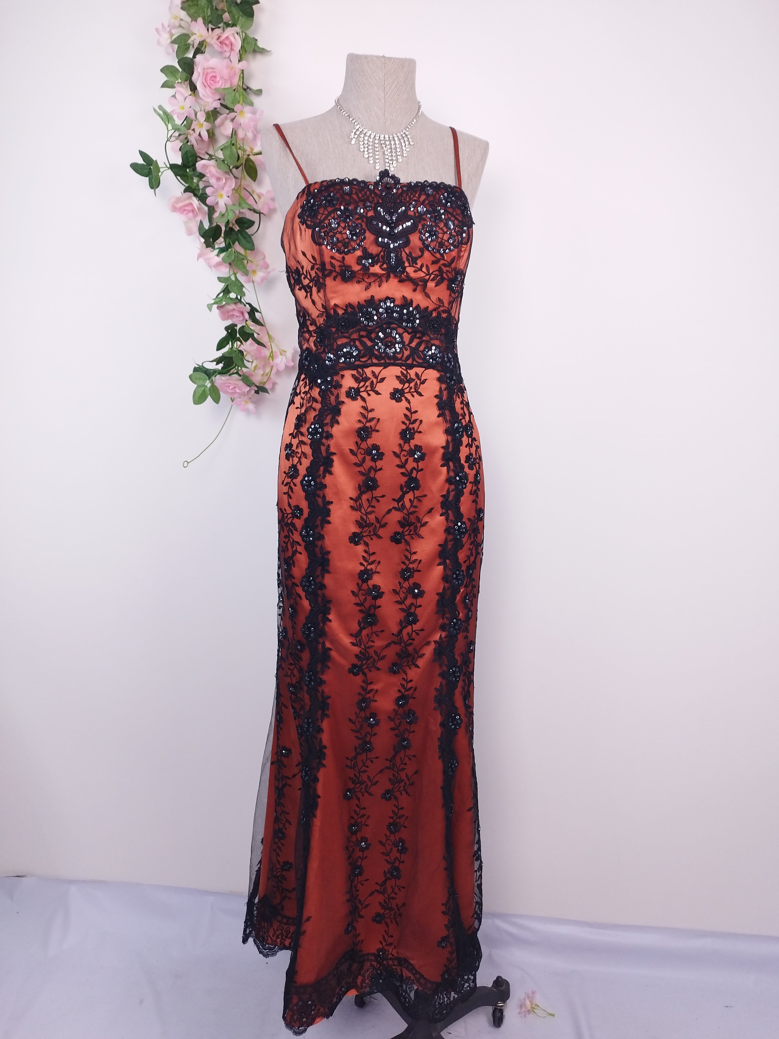 Rust Y2K mermaid gown — Black lace & crystal sequin floral