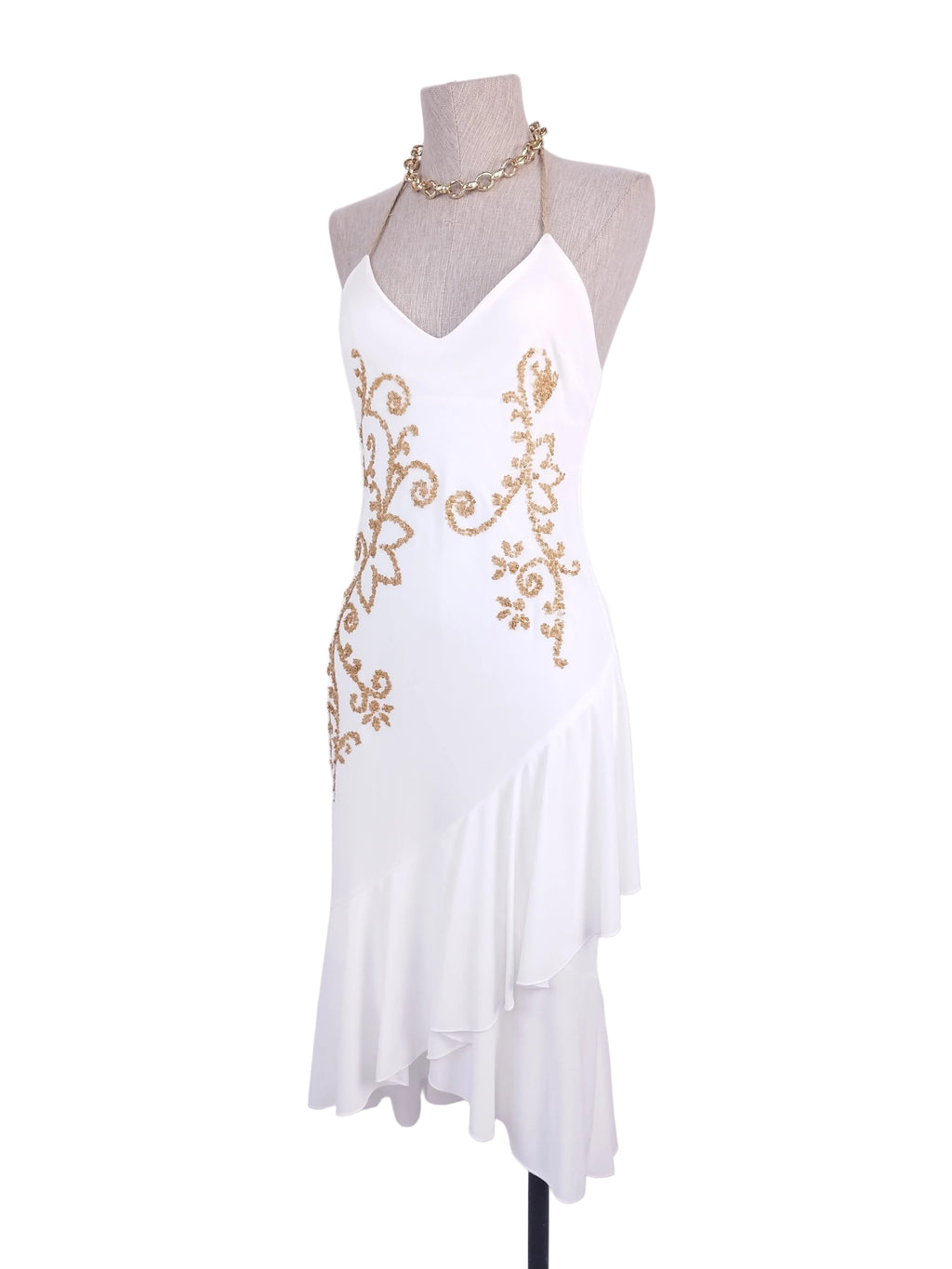 White Y2K gold sequin dress — Made in Italy halter midi