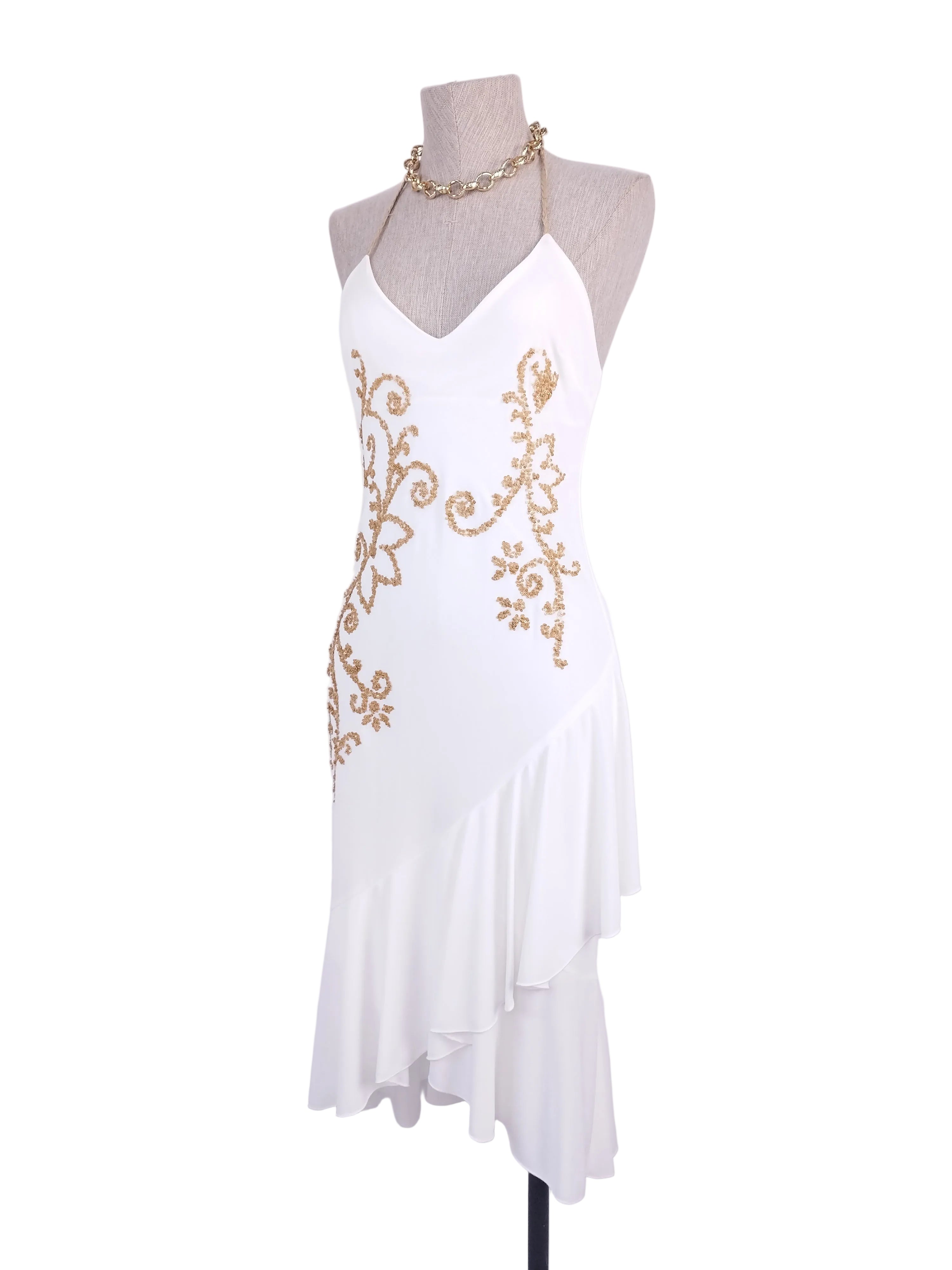White Y2K gold sequin dress — Made in Italy halter midi