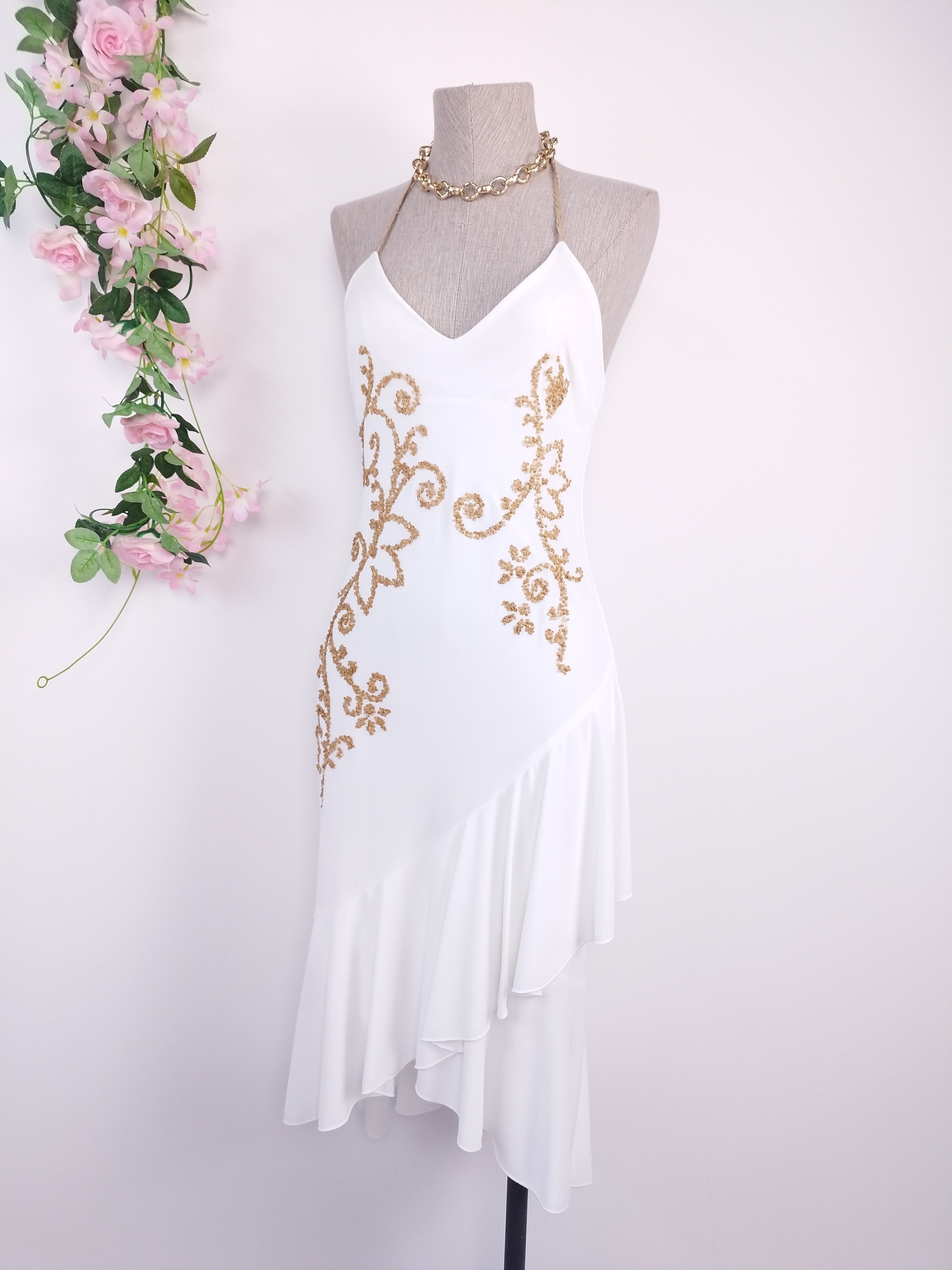 White Y2K gold sequin dress — Made in Italy halter midi