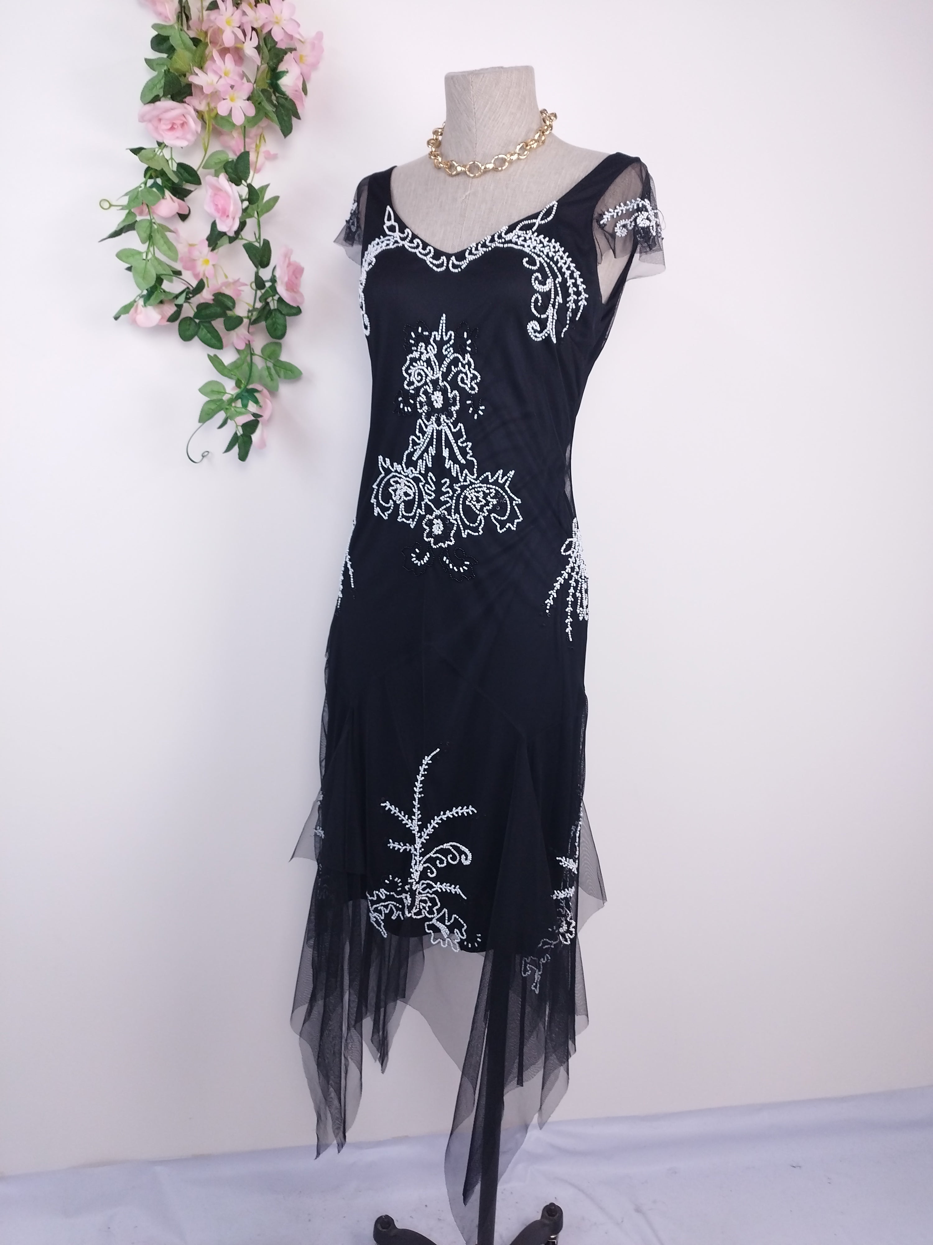 Black Y2K beaded gown — White floral baroque, asymmetrical hem