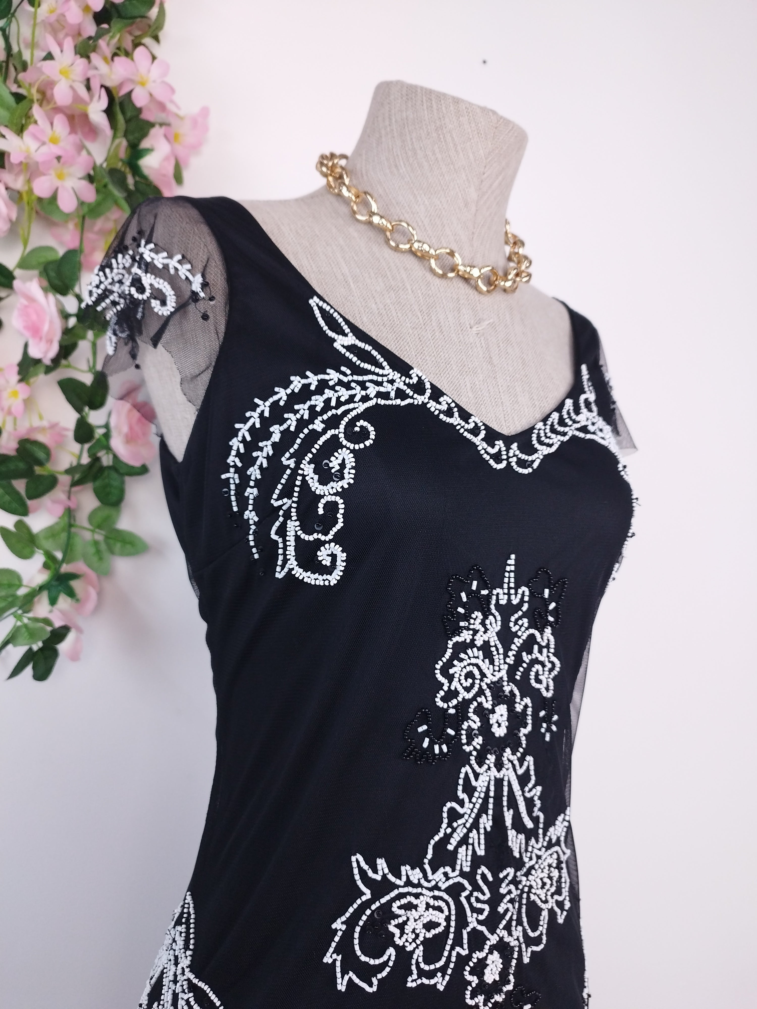 Black Y2K beaded gown — White floral baroque, asymmetrical hem
