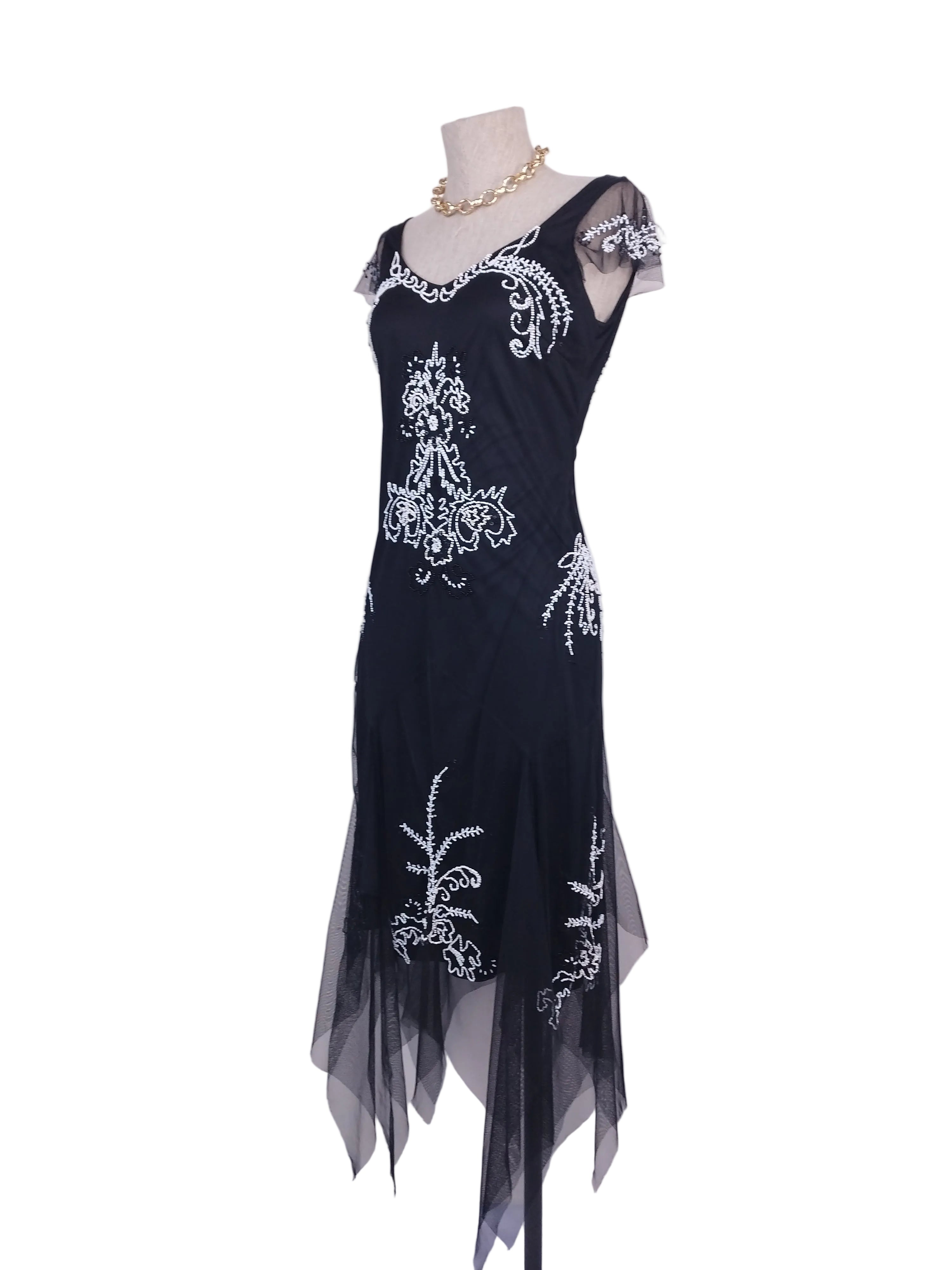 Black Y2K beaded gown — White floral baroque, asymmetrical hem
