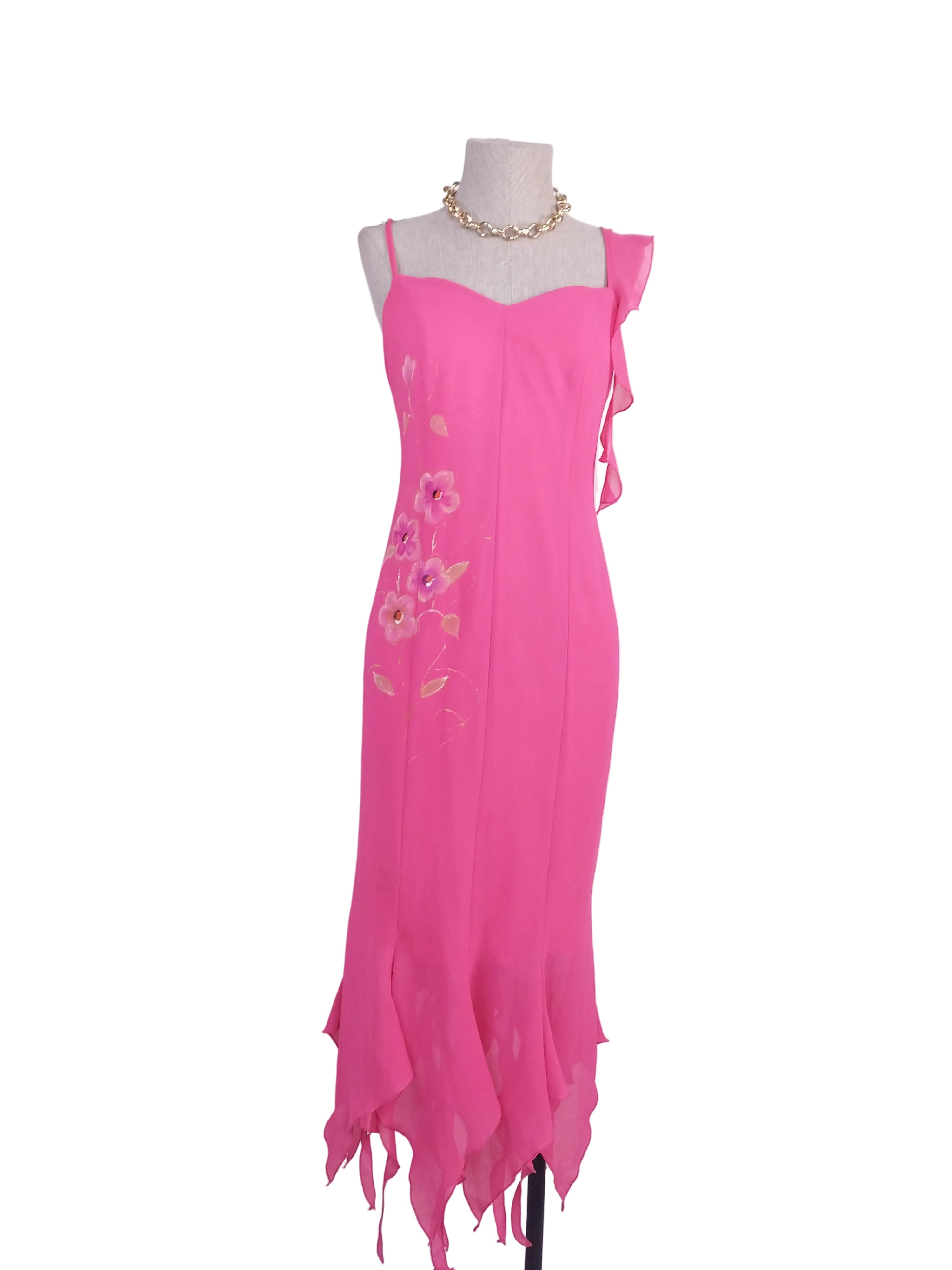 Y2K hand-painted pink gown — Gold florals, asymmetrical ruffle, criss-cross back