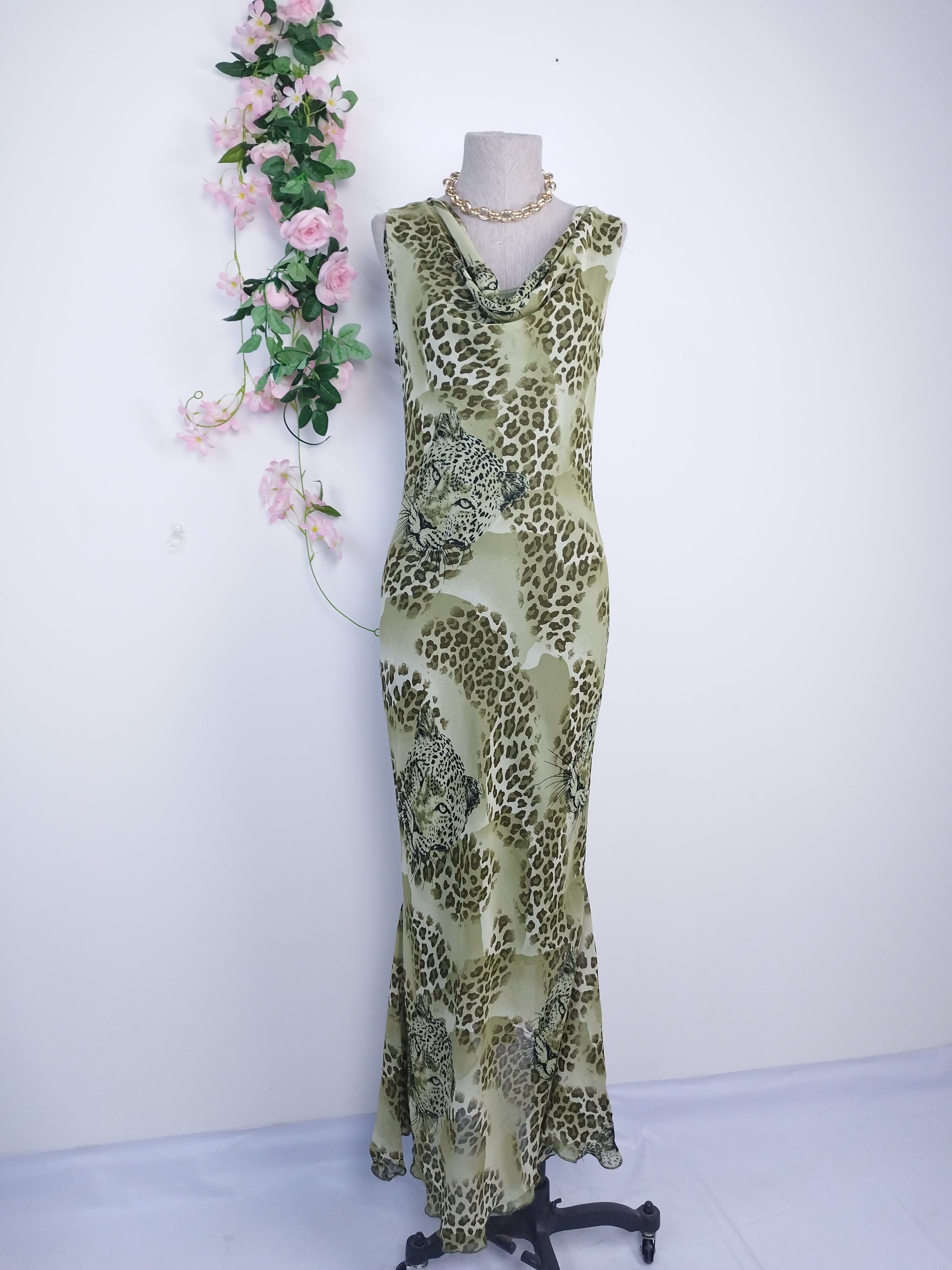 Olive leopard Y2K maxi dress — Vintage 2000s draped slip boho