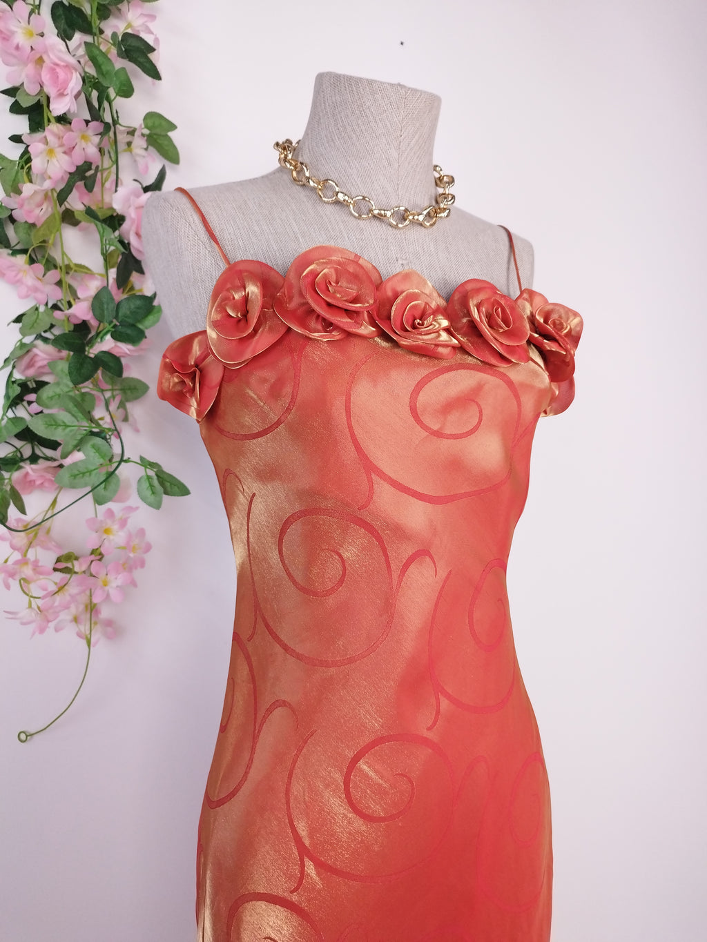 2000s iridescent coral satin gown — 3D roses, adjustable straps