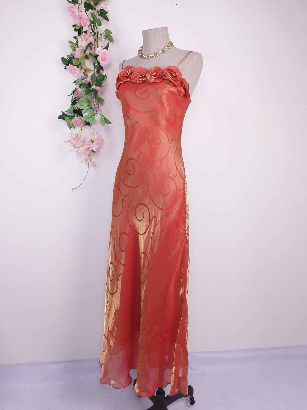 2000s iridescent coral satin gown — 3D roses, adjustable straps