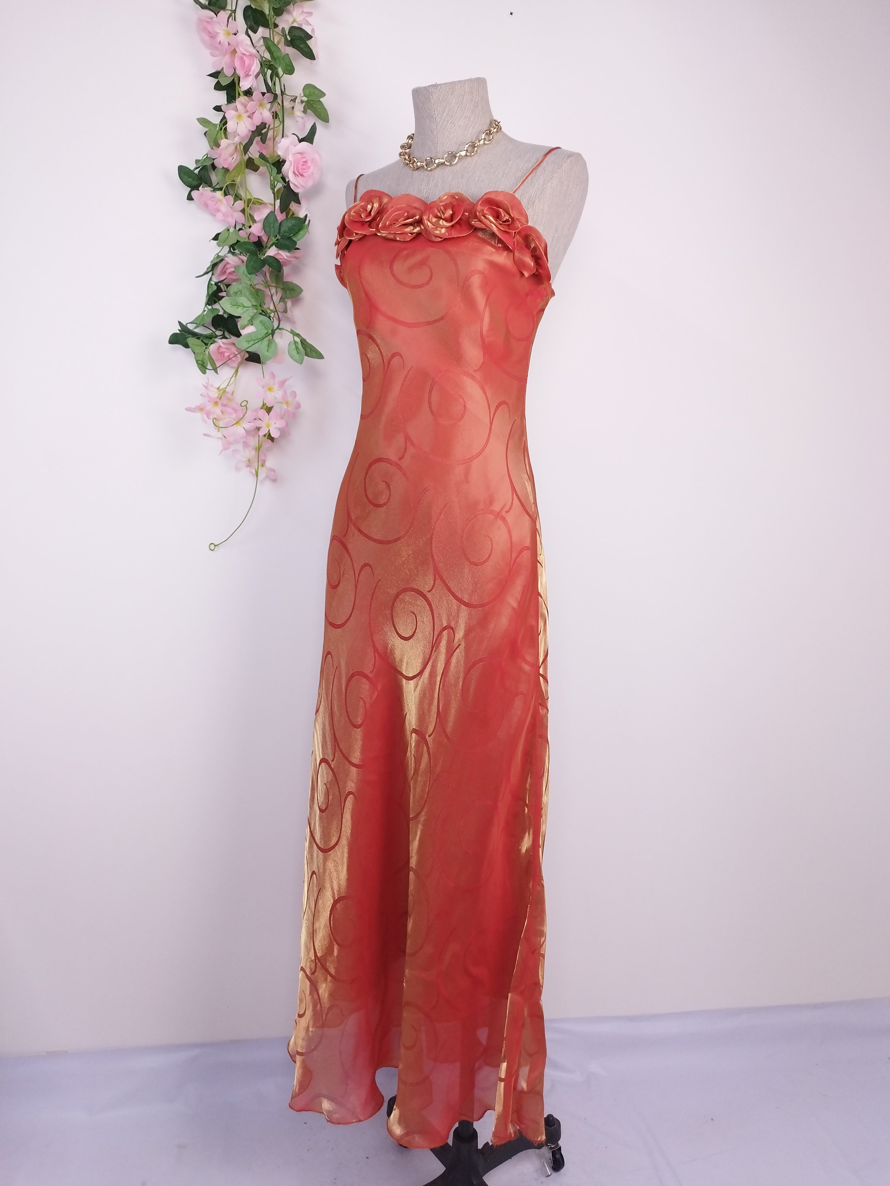 2000s iridescent coral satin gown — 3D roses, adjustable straps