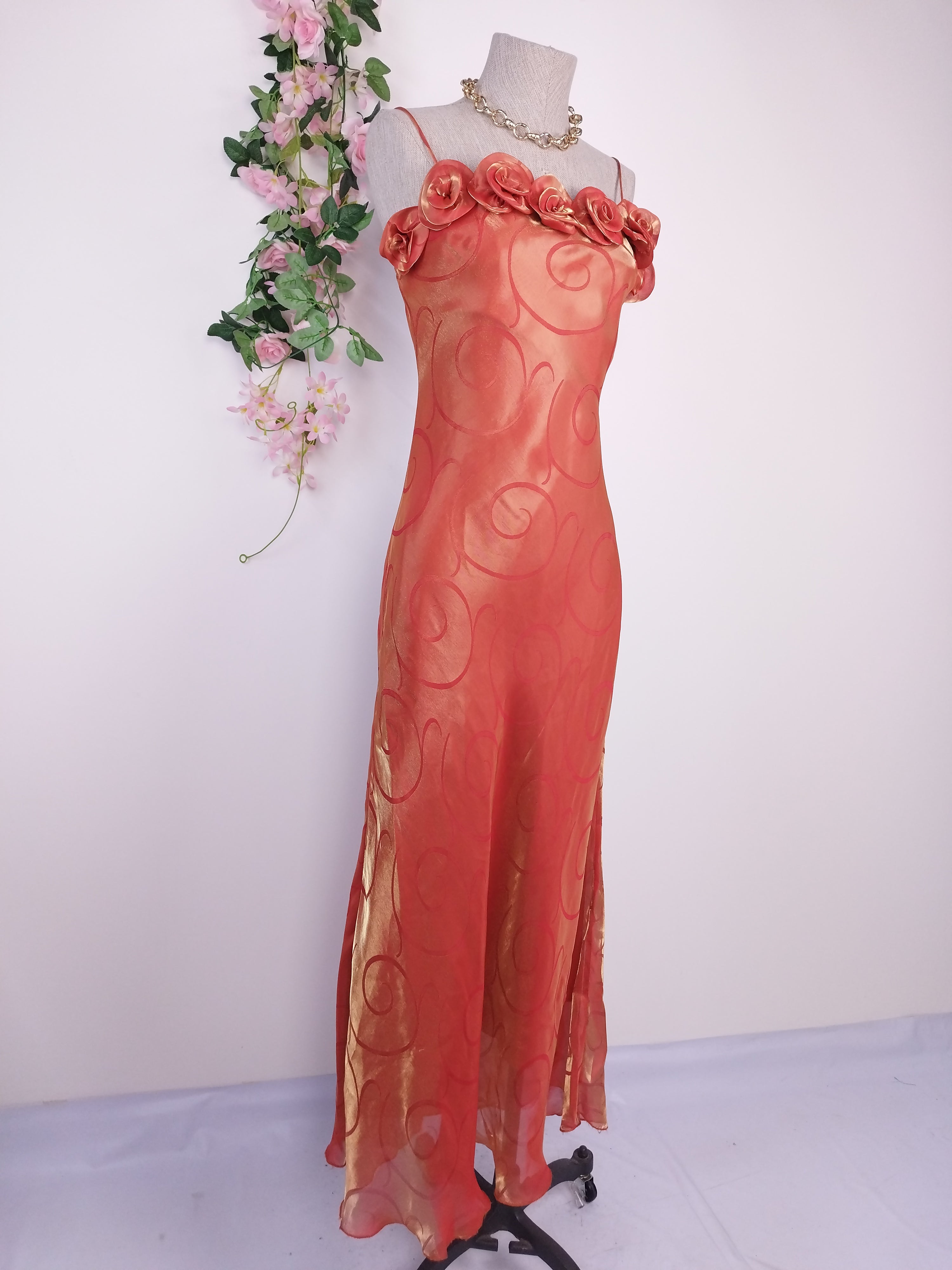 2000s iridescent coral satin gown — 3D roses, adjustable straps