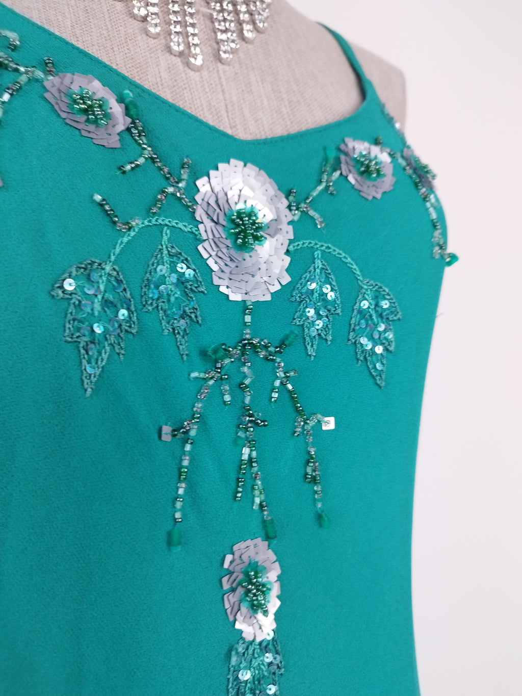 Y2K turquoise slip 2000s dress — Silver beaded florals, double ruffle skirt