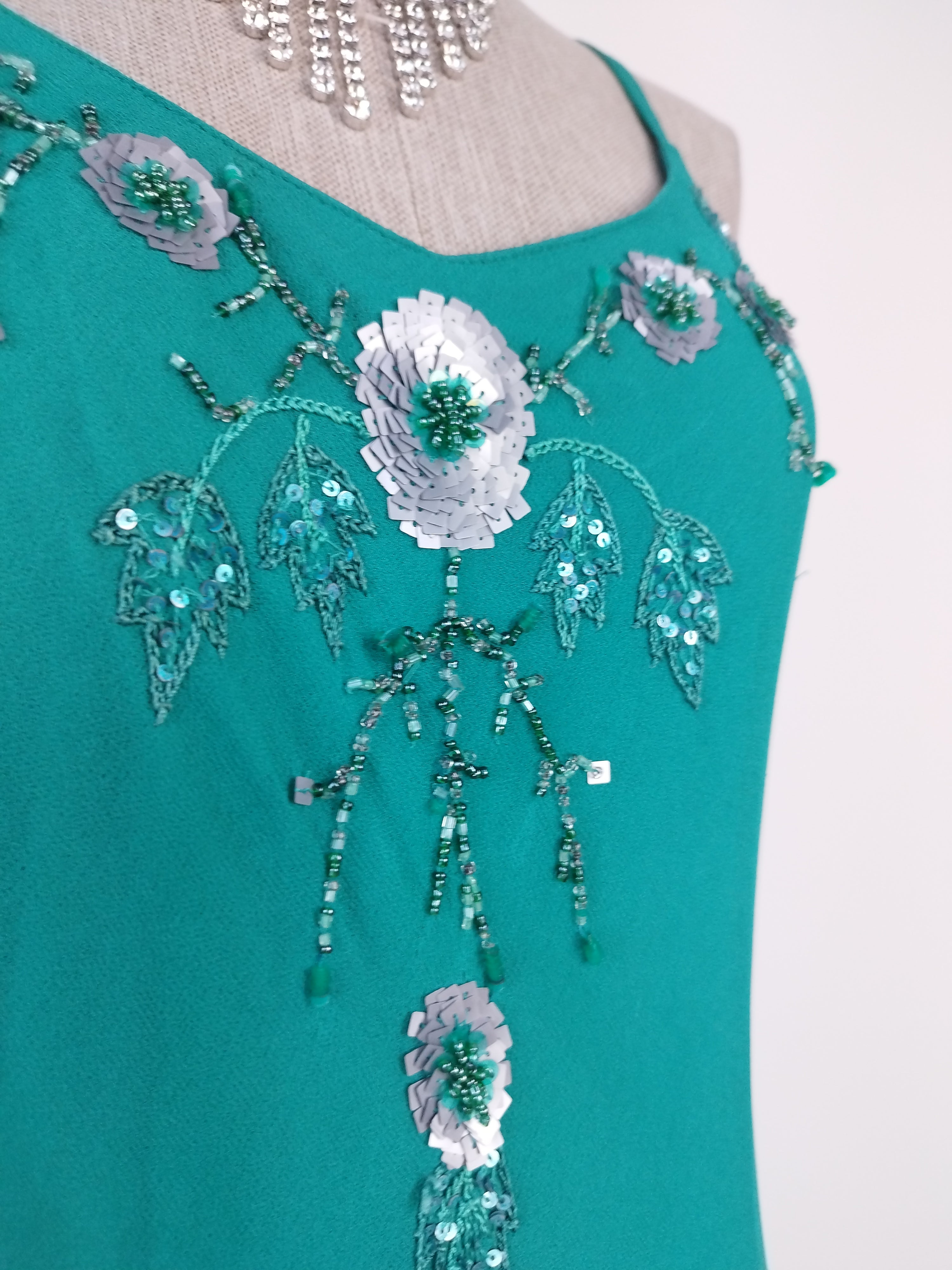 Y2K turquoise slip 2000s dress — Silver beaded florals, double ruffle skirt