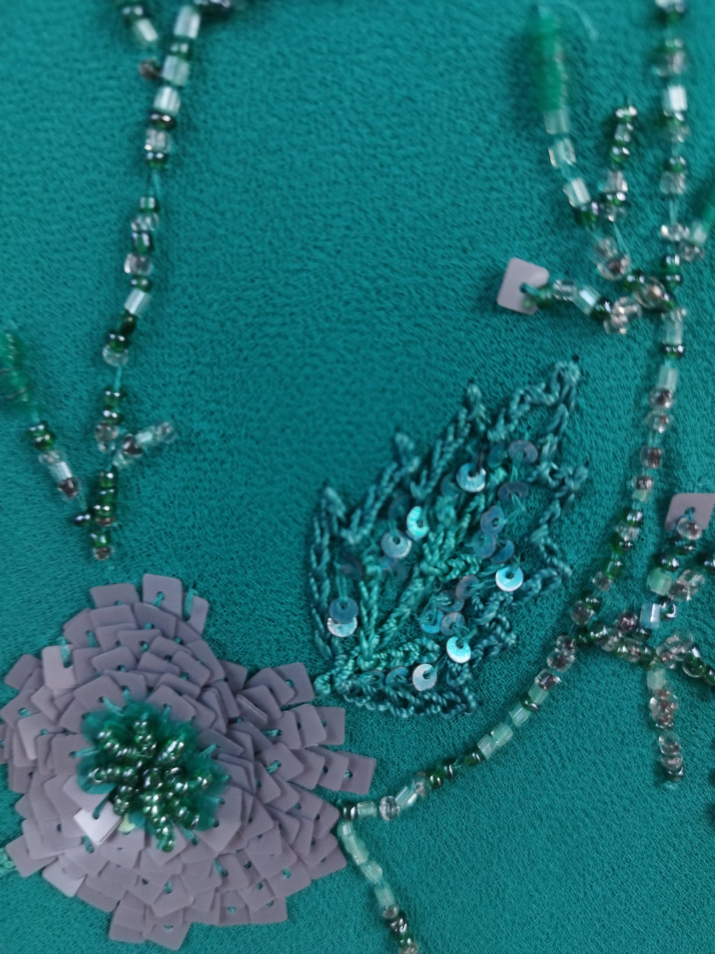 Y2K turquoise slip 2000s dress — Silver beaded florals, double ruffle skirt