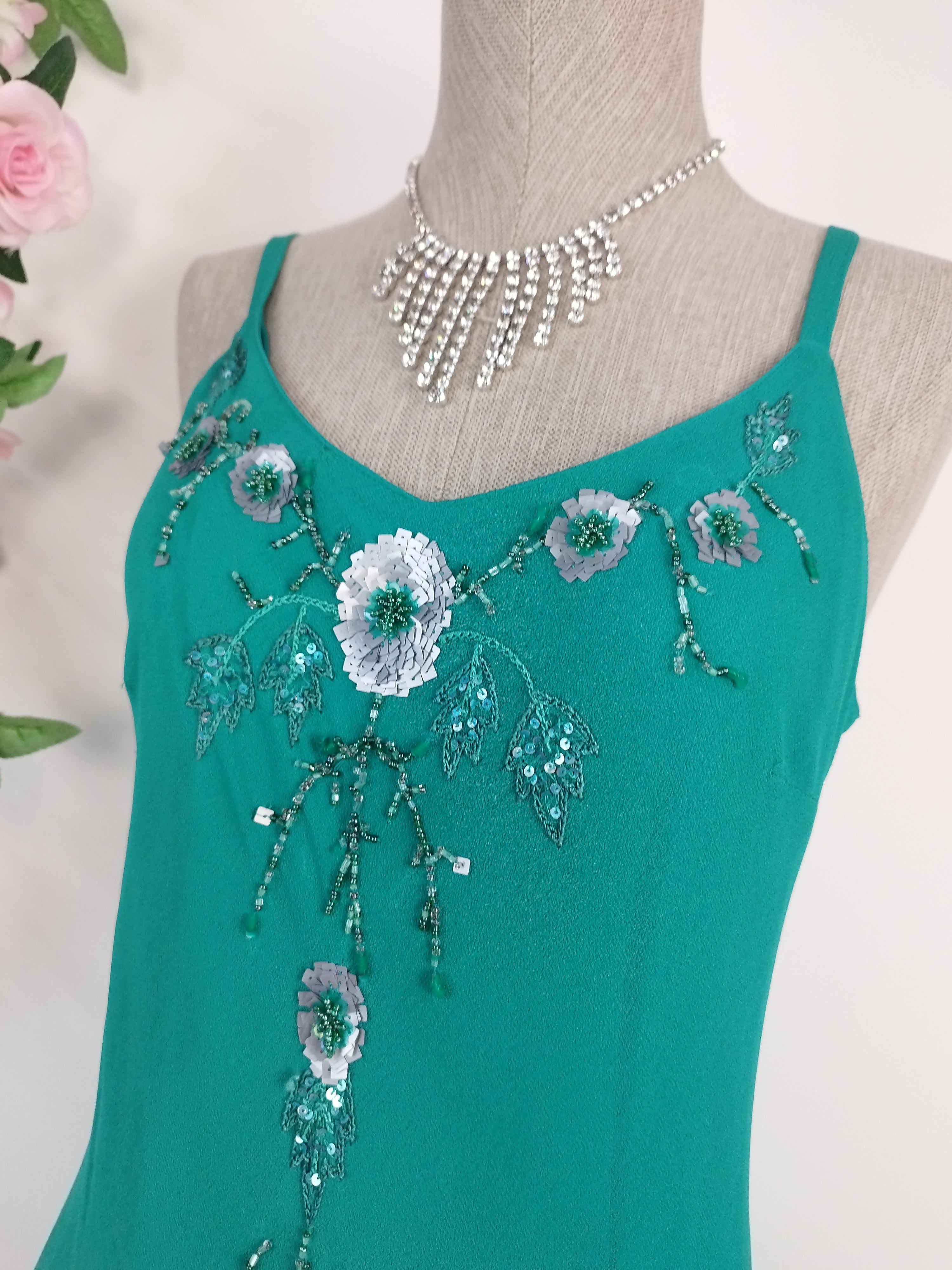 Y2K turquoise slip 2000s dress — Silver beaded florals, double ruffle skirt