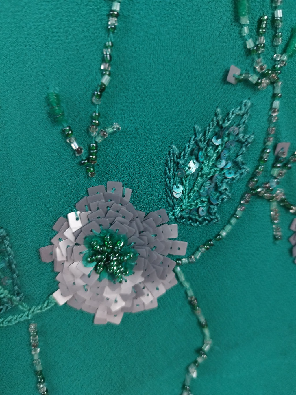 Y2K turquoise slip 2000s dress — Silver beaded florals, double ruffle skirt