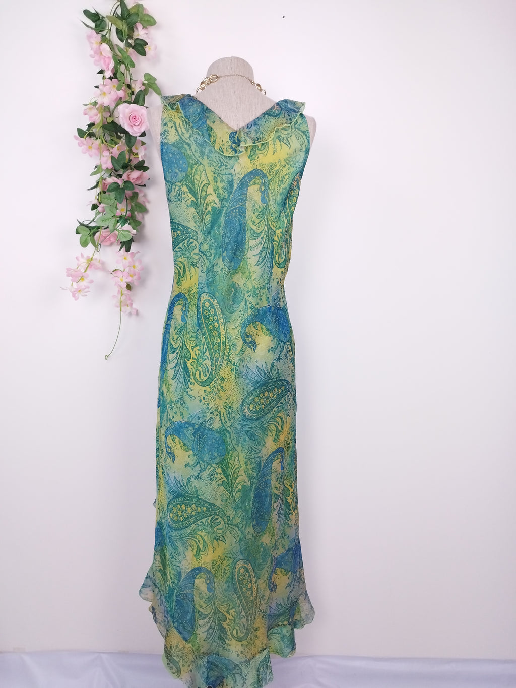 Y2K paisley chiffon maxi — Teal lime ruffle slit, V-neck cap sleeves