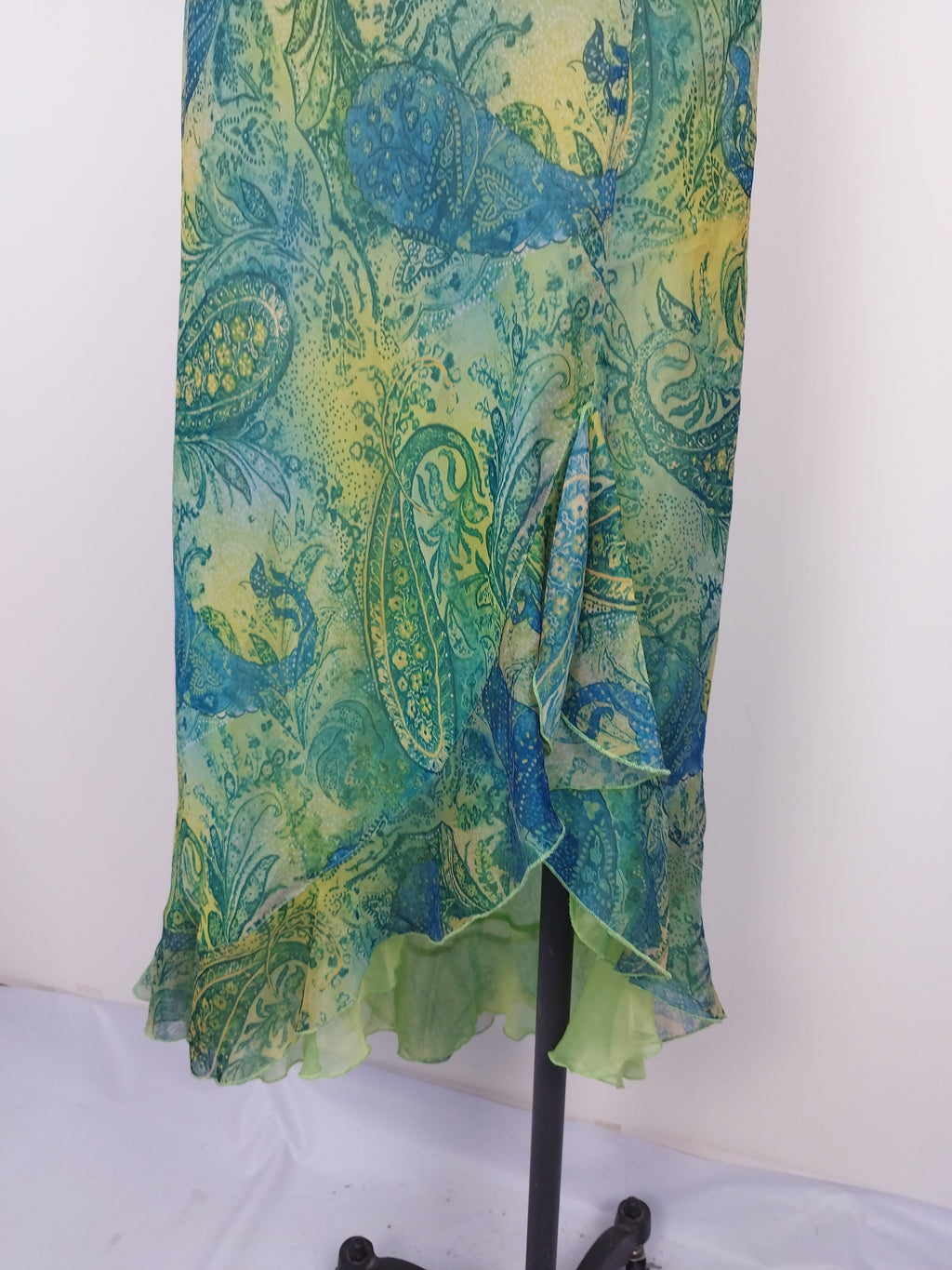 Y2K paisley chiffon maxi — Teal lime ruffle slit, V-neck cap sleeves