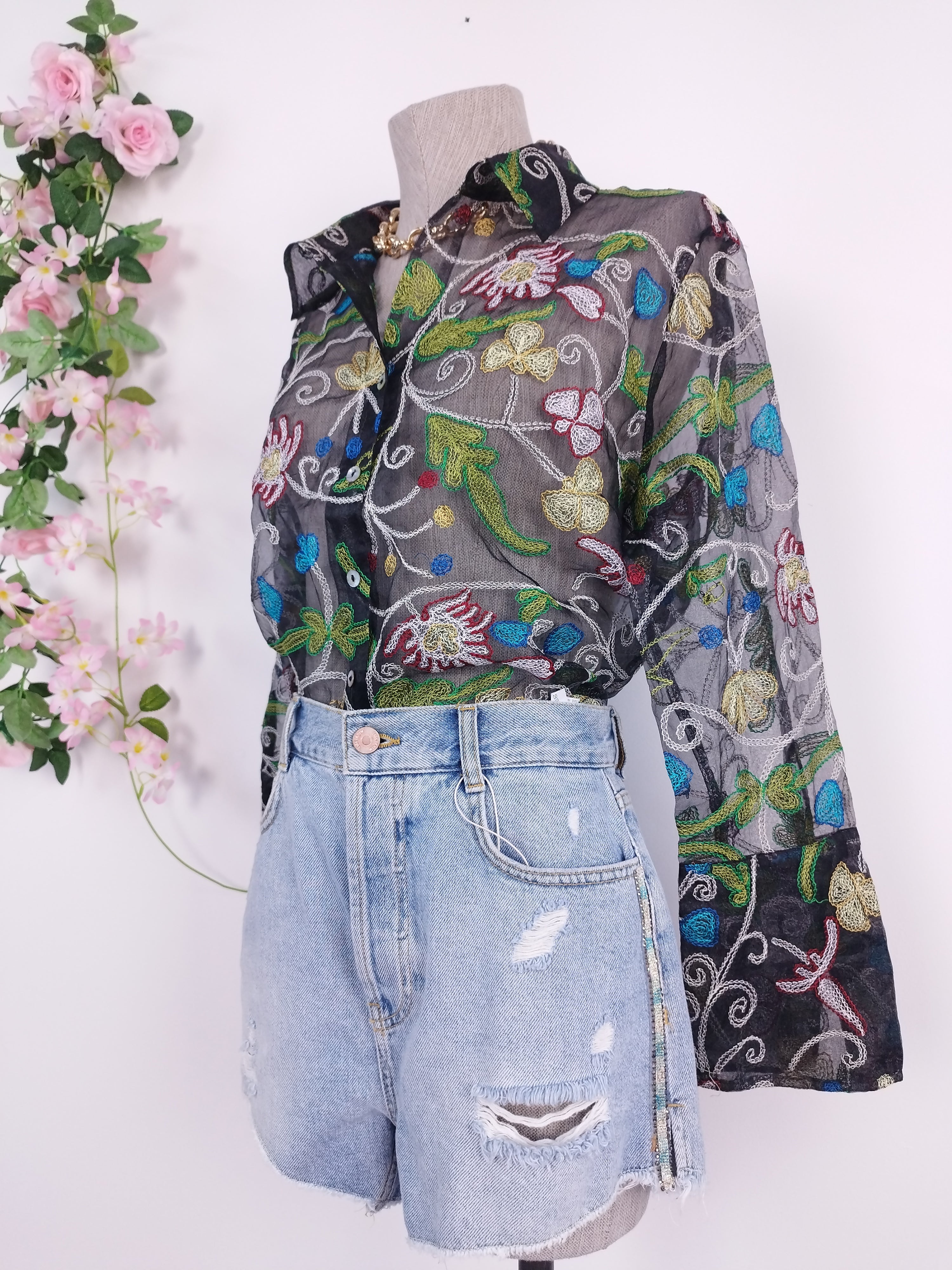 Vintage 90s Organza Blouse — Long Sleeves, Floral Embroidery & Semi-Transparent Black