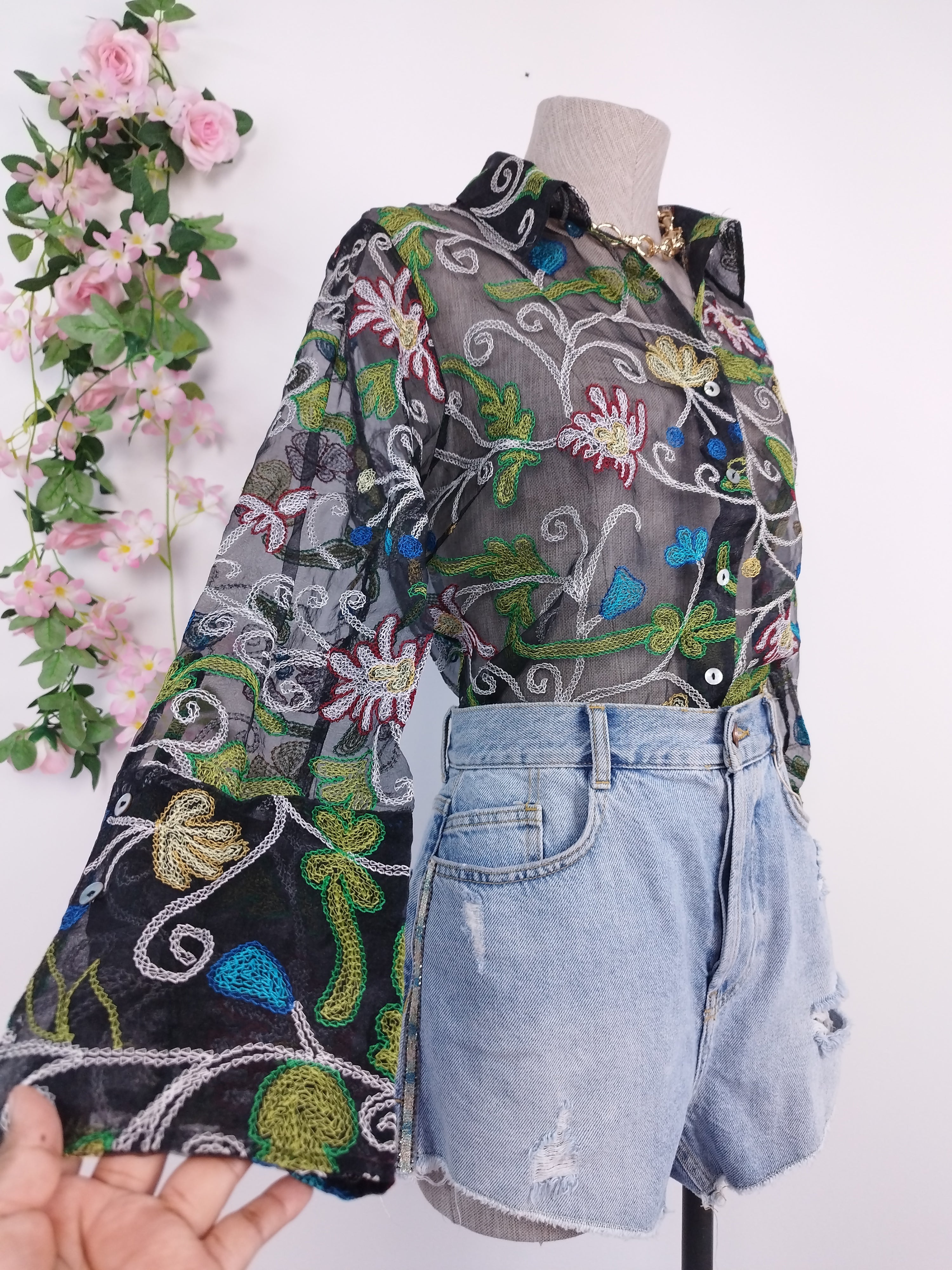 Vintage 90s Organza Blouse — Long Sleeves, Floral Embroidery & Semi-Transparent Black