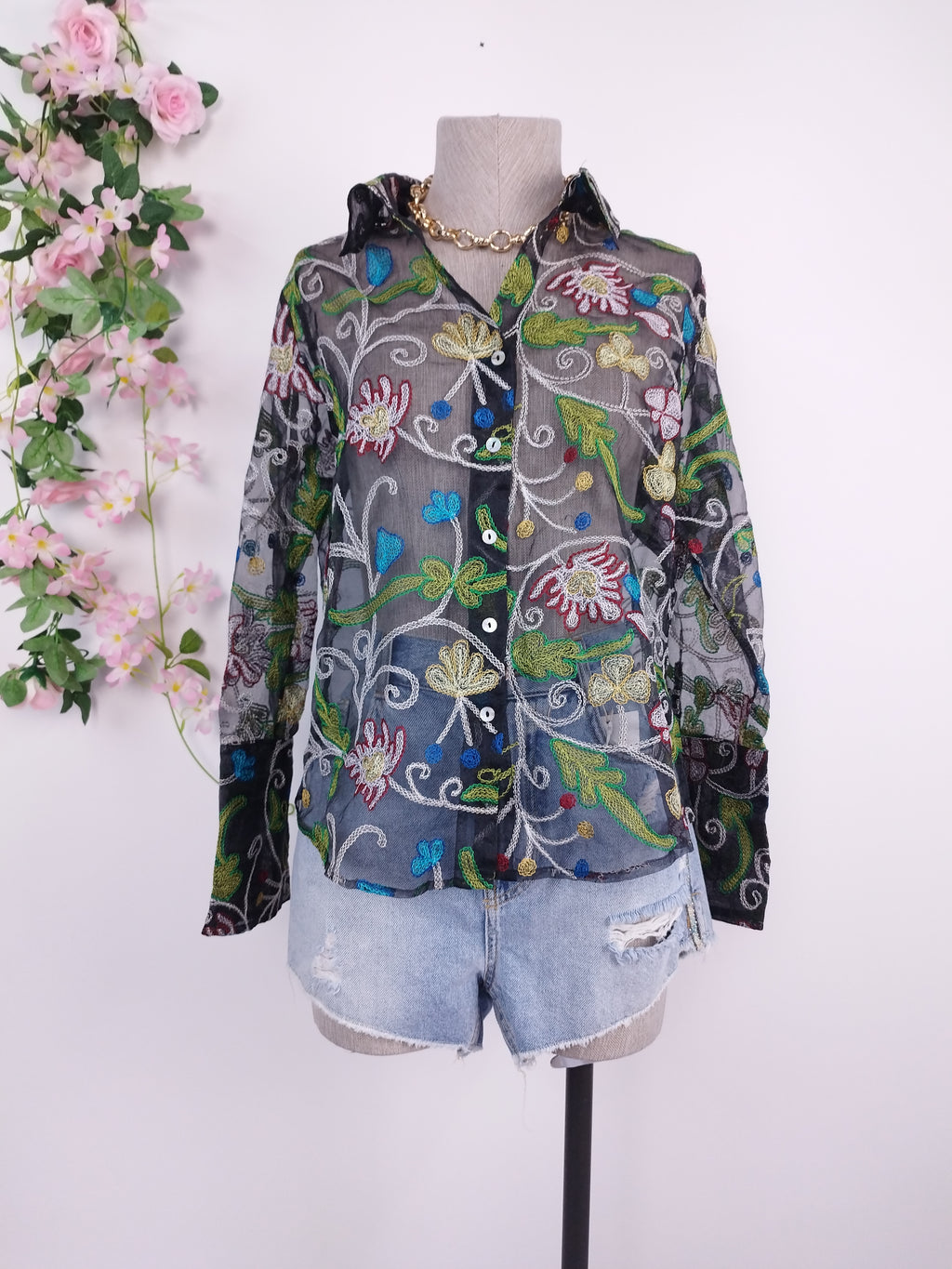 Vintage 90s Organza Blouse — Long Sleeves, Floral Embroidery & Semi-Transparent Black