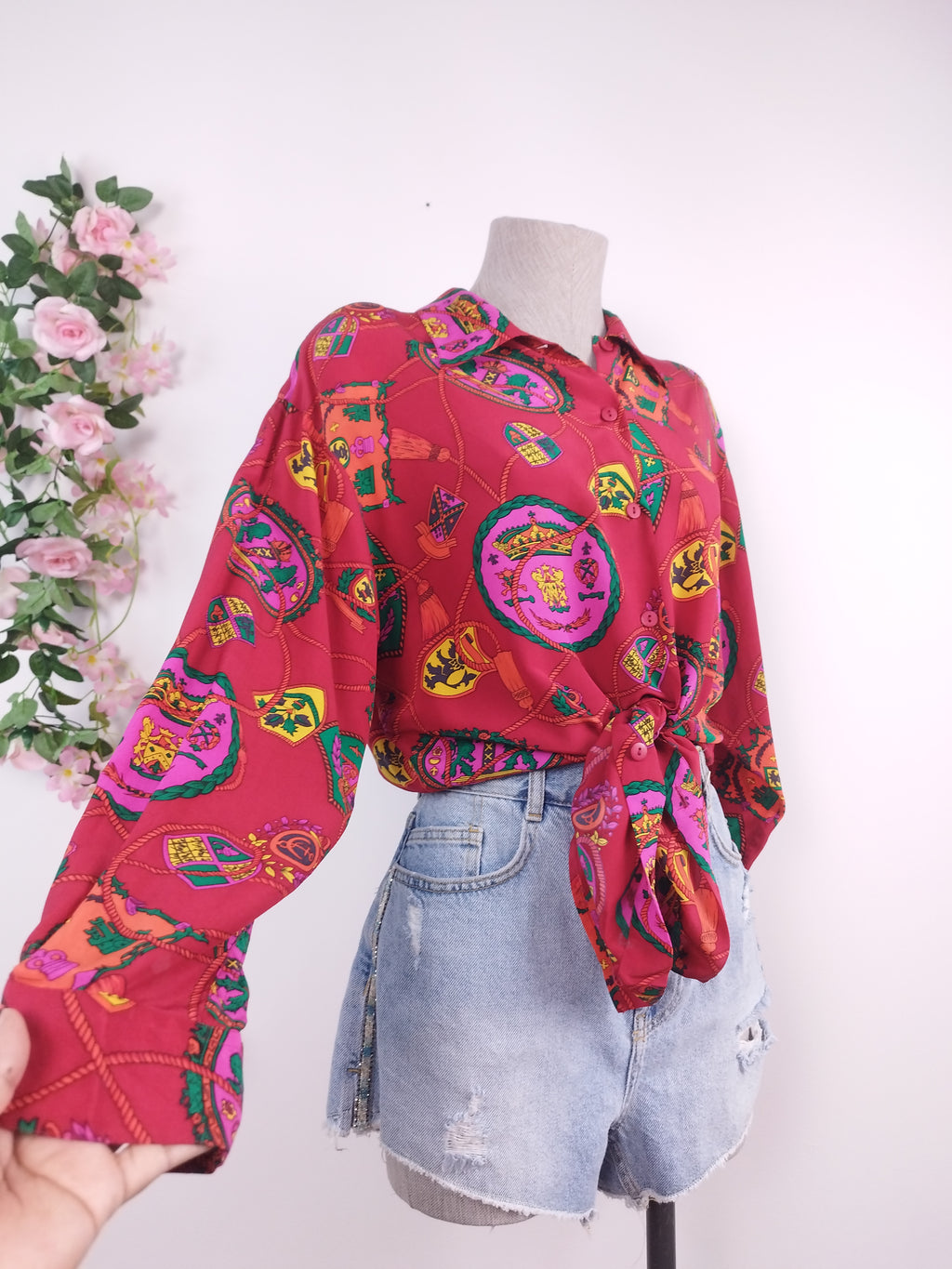 Vintage 90s Chiffon Blouse — Long Sleeves, Colorful Paisley & Red Base