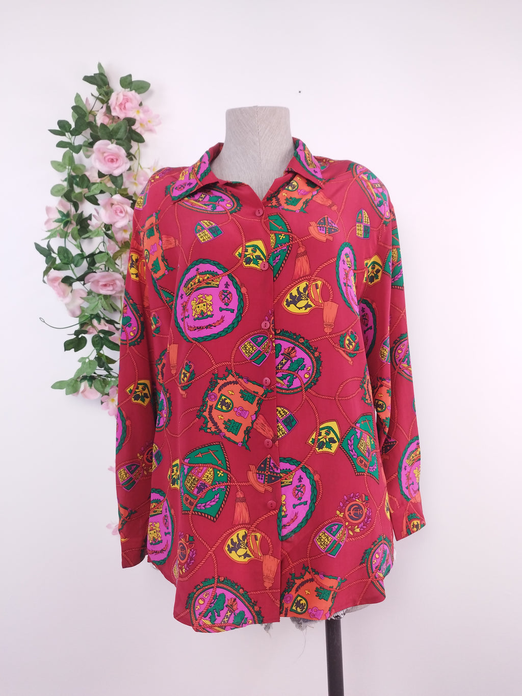 Vintage 90s Chiffon Blouse — Long Sleeves, Colorful Paisley & Red Base