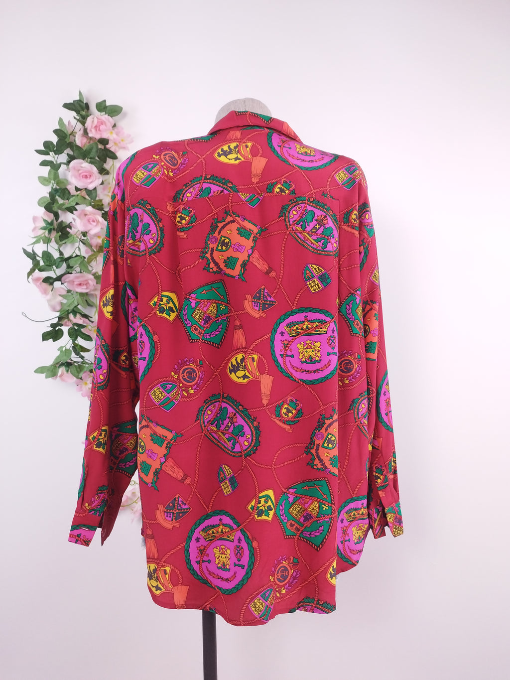 Vintage 90s Chiffon Blouse — Long Sleeves, Colorful Paisley & Red Base