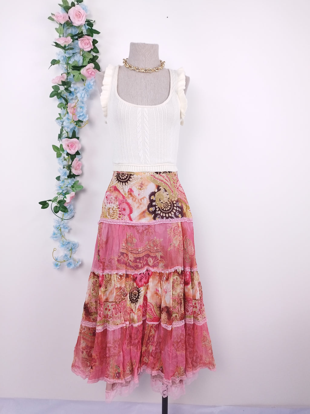 Vintage Silk Midi Skirt — Boho Style, Patchwork Print &Sequin Details