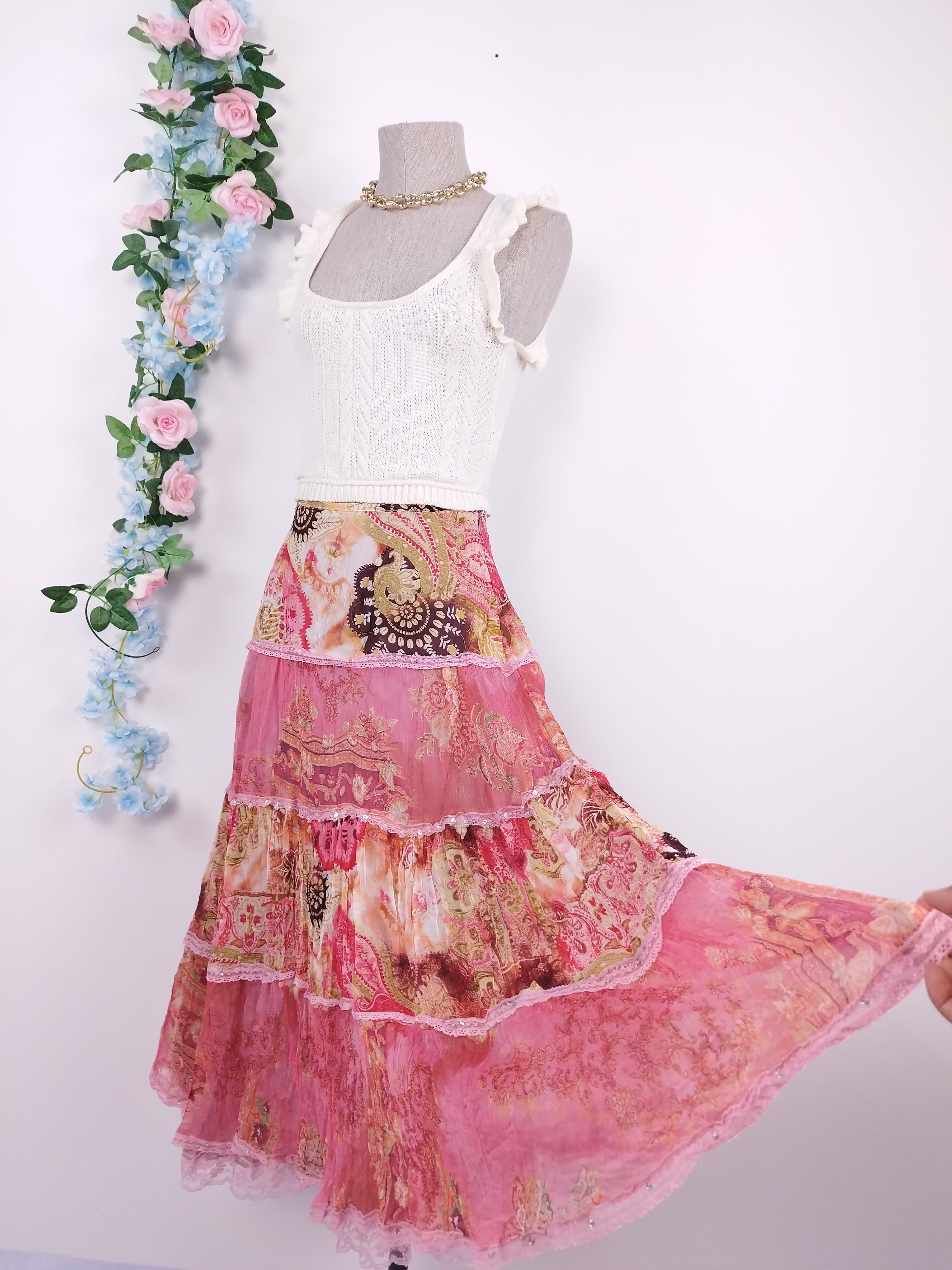 Vintage Silk Midi Skirt — Boho Style, Patchwork Print &Sequin Details