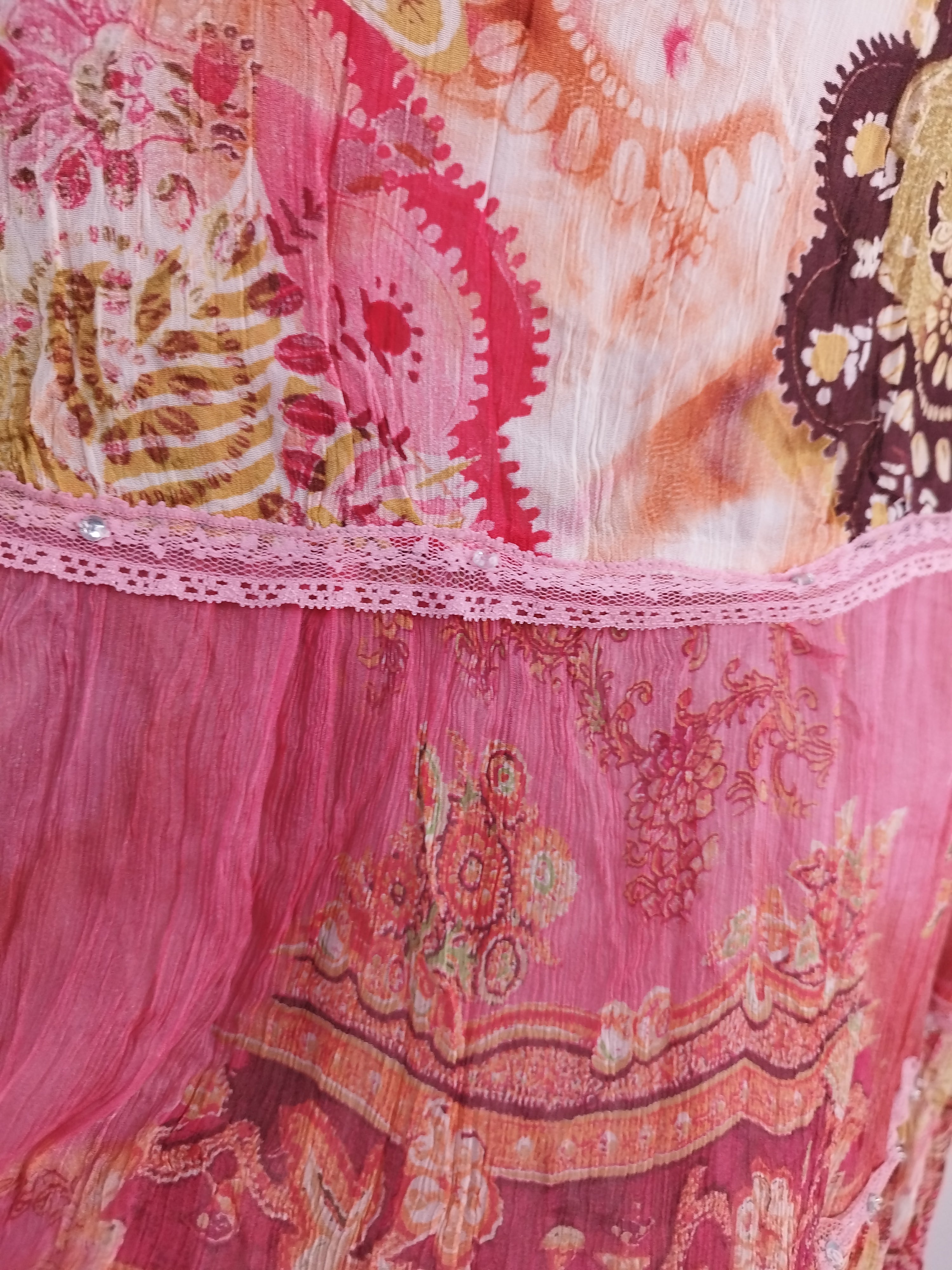 Vintage Silk Midi Skirt — Boho Style, Patchwork Print &Sequin Details