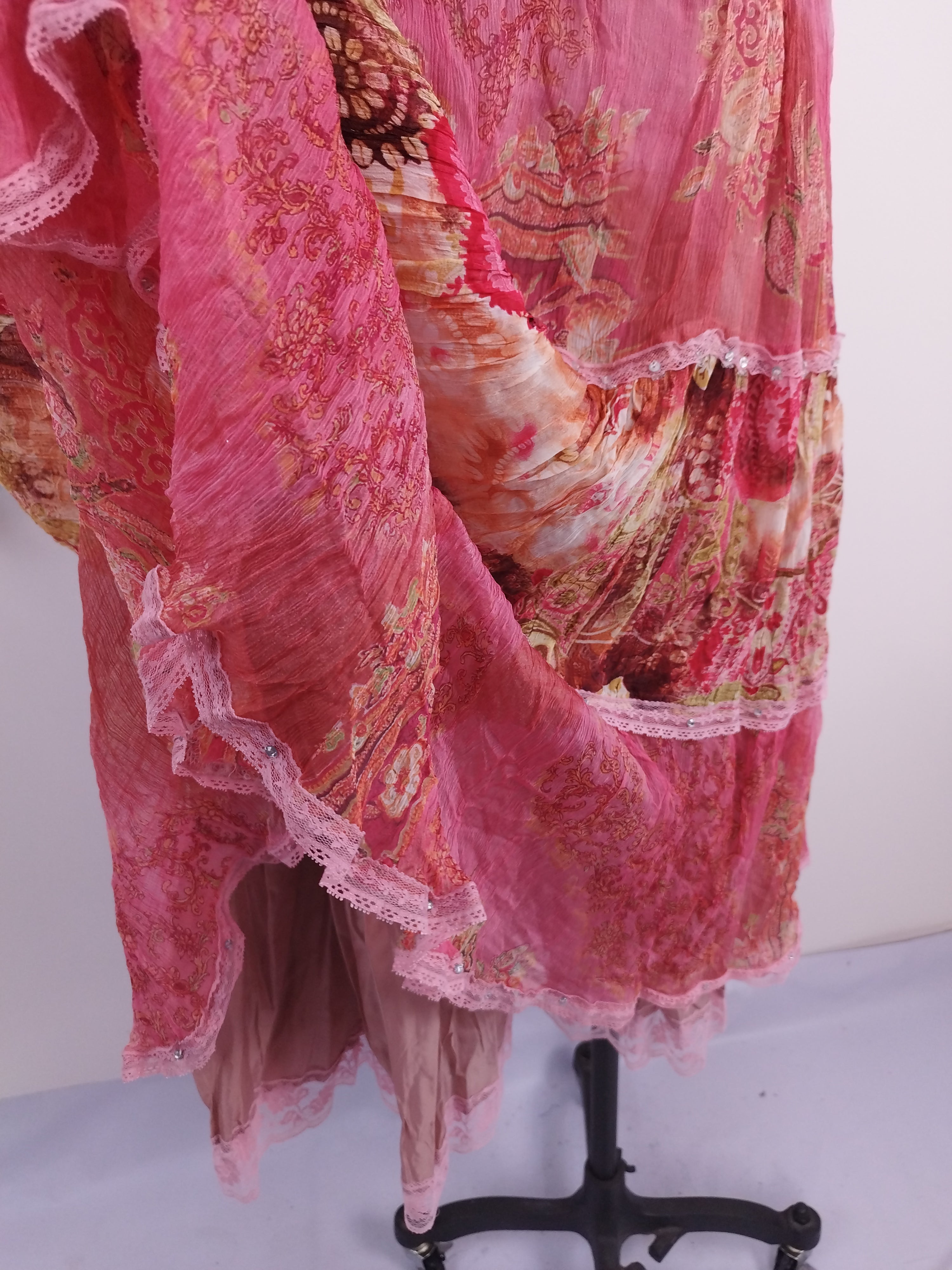 Vintage Silk Midi Skirt — Boho Style, Patchwork Print &Sequin Details