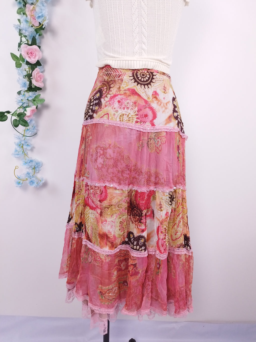 Vintage Silk Midi Skirt — Boho Style, Patchwork Print &Sequin Details