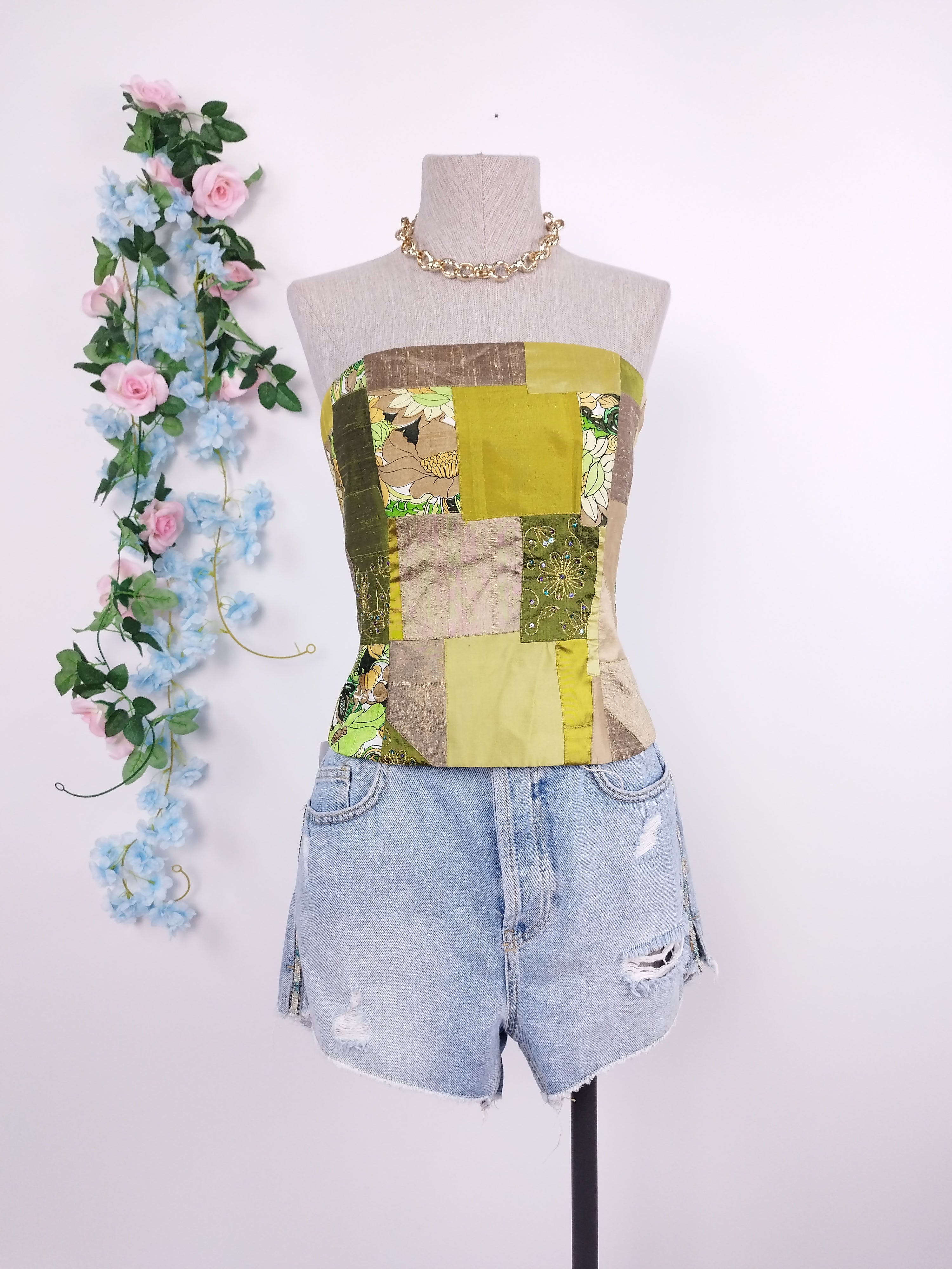 Vintage Y2K Corset — Strapless, Patchwork & Adjustable Back Tie