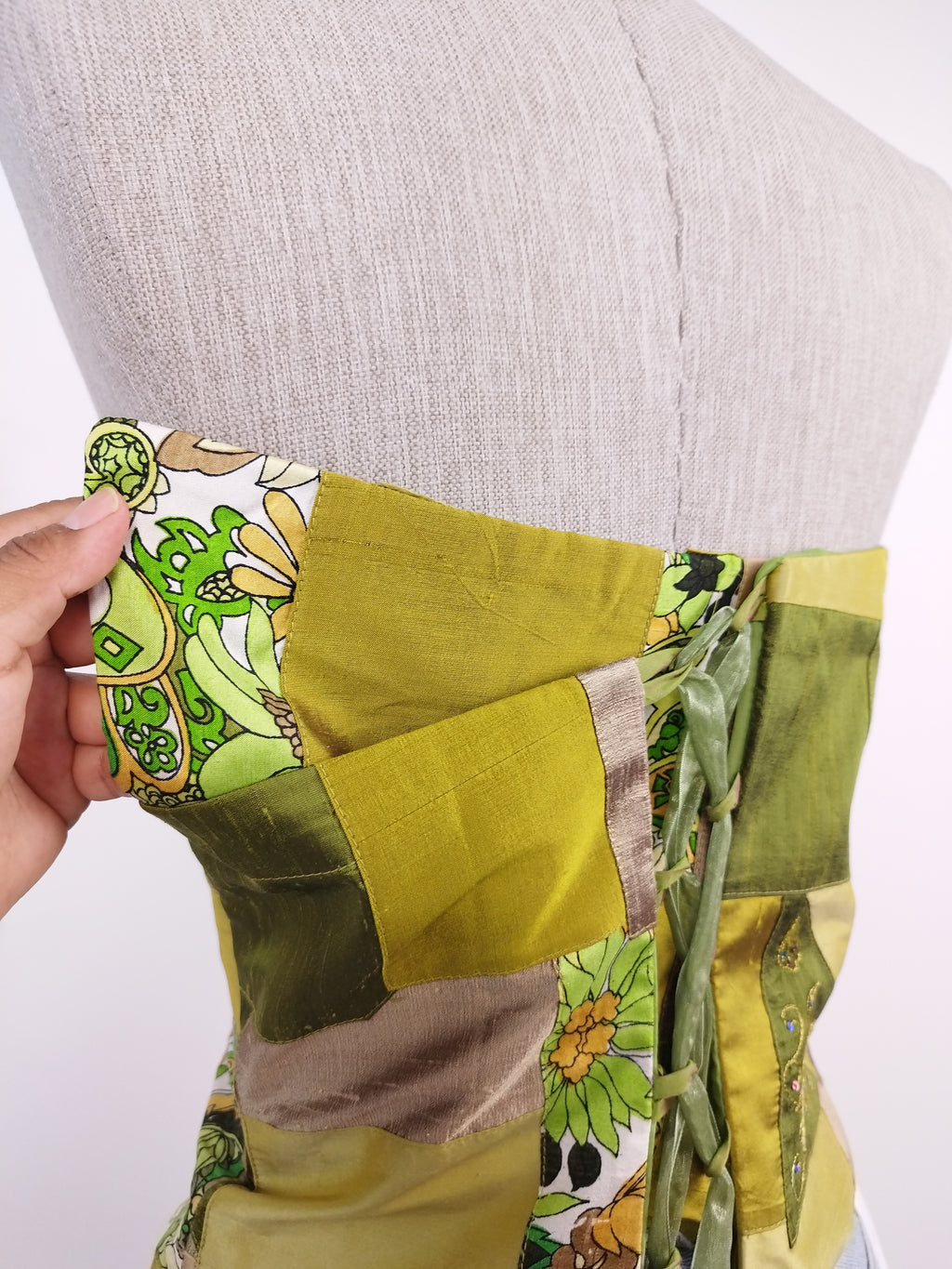 Vintage Y2K Corset — Strapless, Patchwork & Adjustable Back Tie
