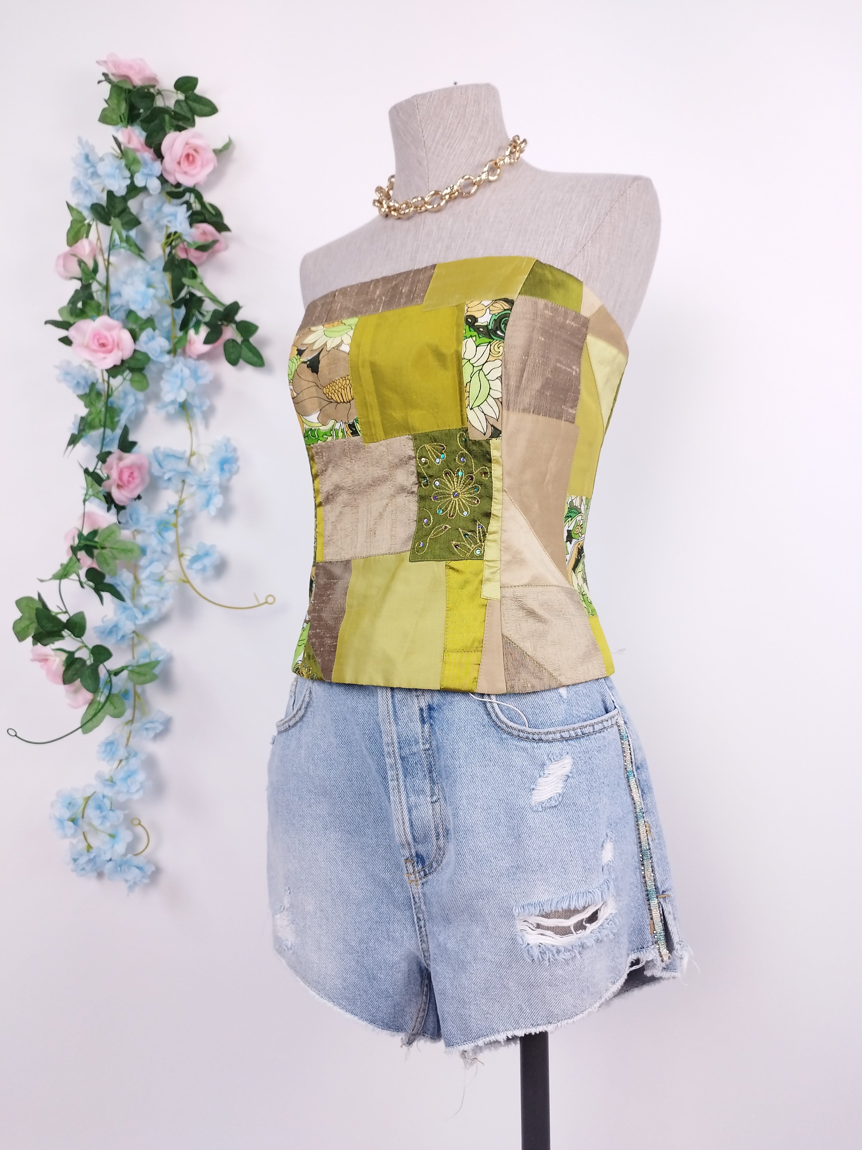 Vintage Y2K Corset — Strapless, Patchwork & Adjustable Back Tie